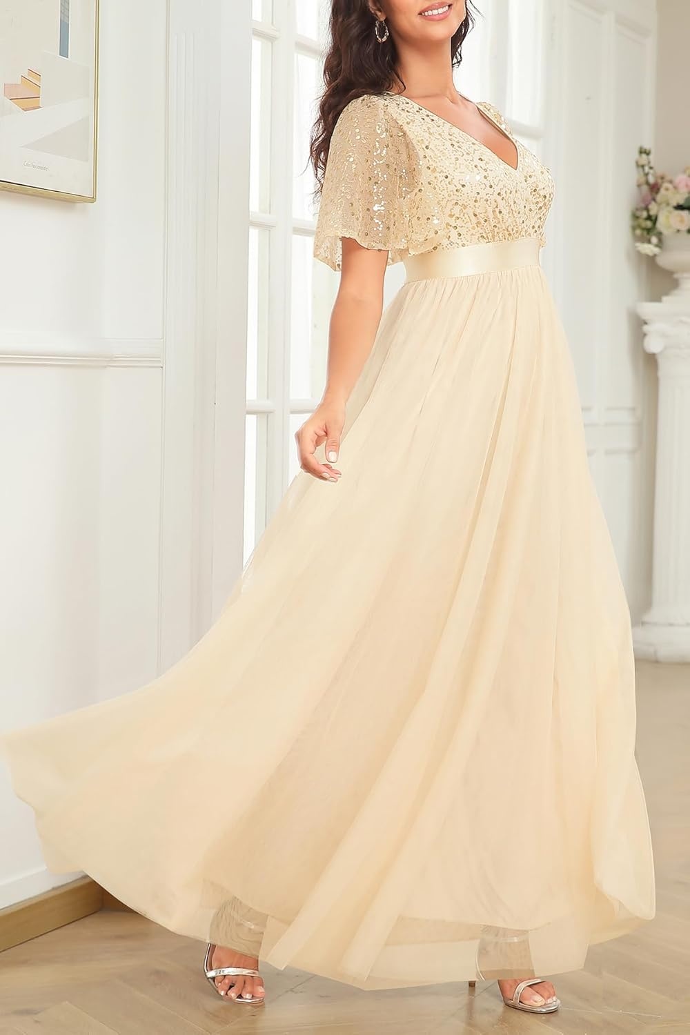 Formal Dresses for Women Prom Evening Gown Sequin Tulle V Neck Ruffle Short Sleeve Empire Waist A Line Long Dress(Gold)