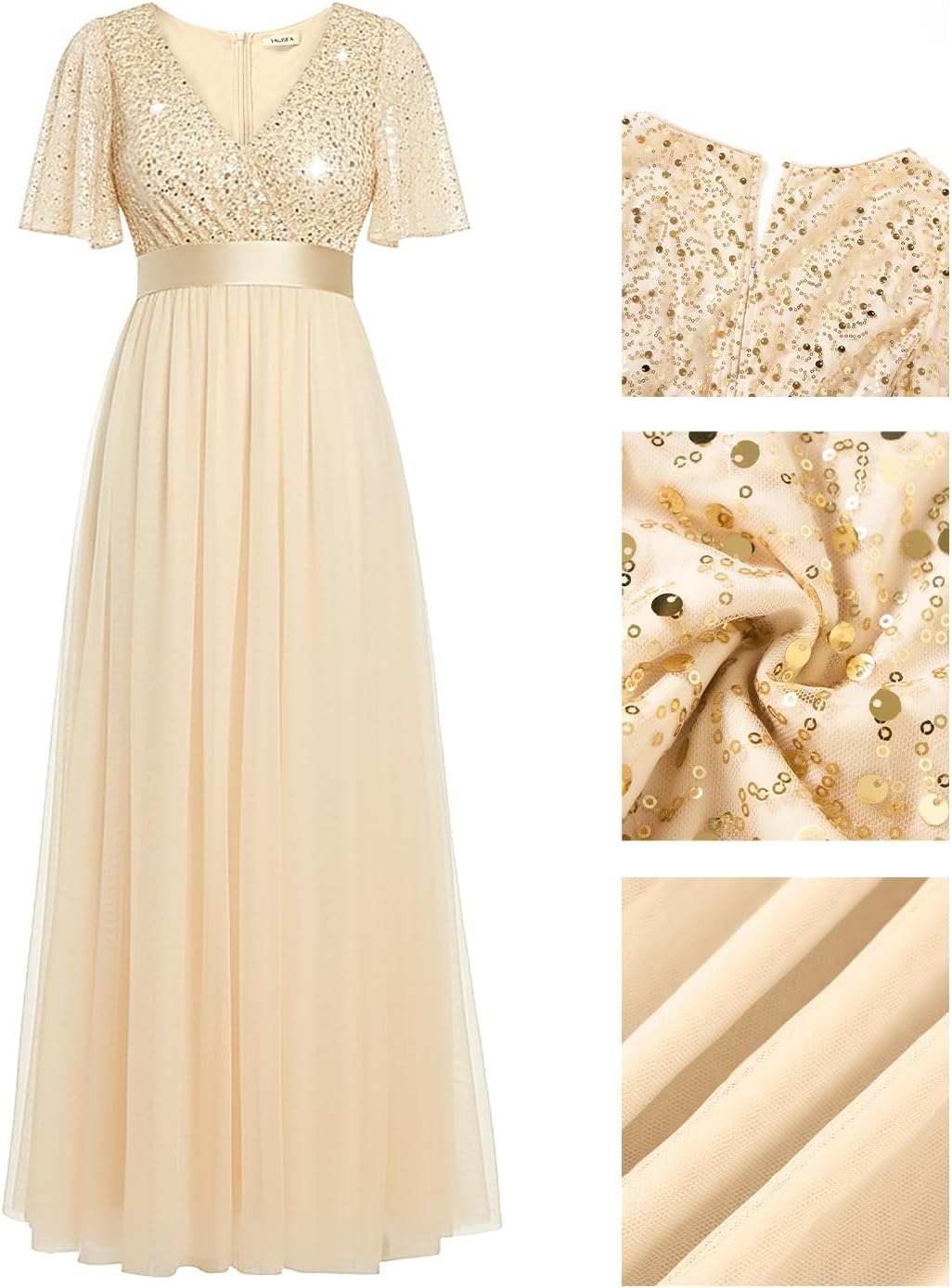 Formal Dresses for Women Prom Evening Gown Sequin Tulle V Neck Ruffle Short Sleeve Empire Waist A Line Long Dress(Gold)