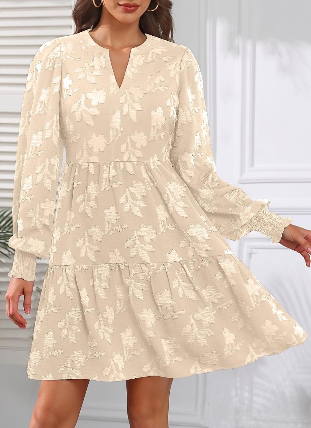 Womens V Neck Floral Babydoll Tiered Tunic Dress | V neck / textured floral / tiered babydoll / flowy tunic / fall summer casual dress(Apricot)