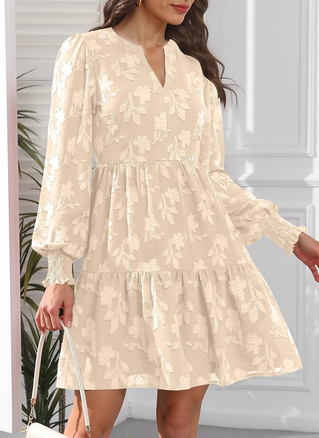 Womens V Neck Floral Babydoll Tiered Tunic Dress | V neck / textured floral / tiered babydoll / flowy tunic / fall summer casual dress(Apricot)