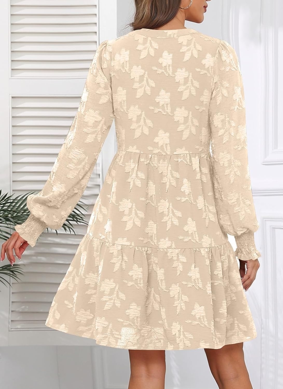 Womens V Neck Floral Babydoll Tiered Tunic Dress | V neck / textured floral / tiered babydoll / flowy tunic / fall summer casual dress(Apricot)