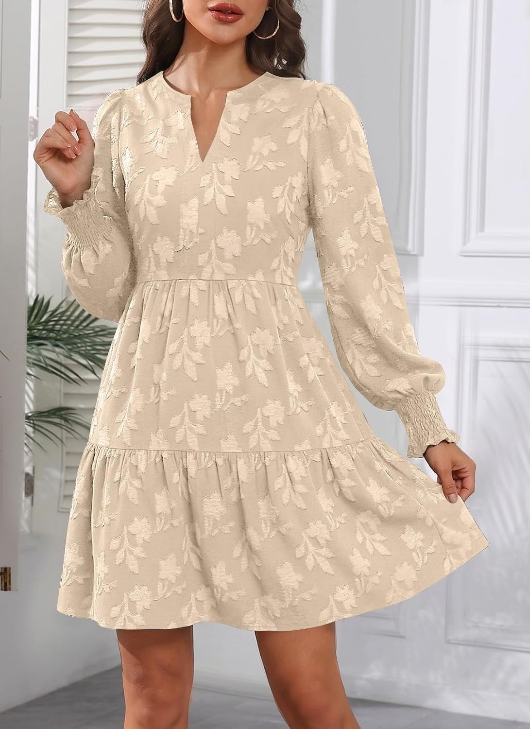 Womens V Neck Floral Babydoll Tiered Tunic Dress | V neck / textured floral / tiered babydoll / flowy tunic / fall summer casual dress(Apricot)