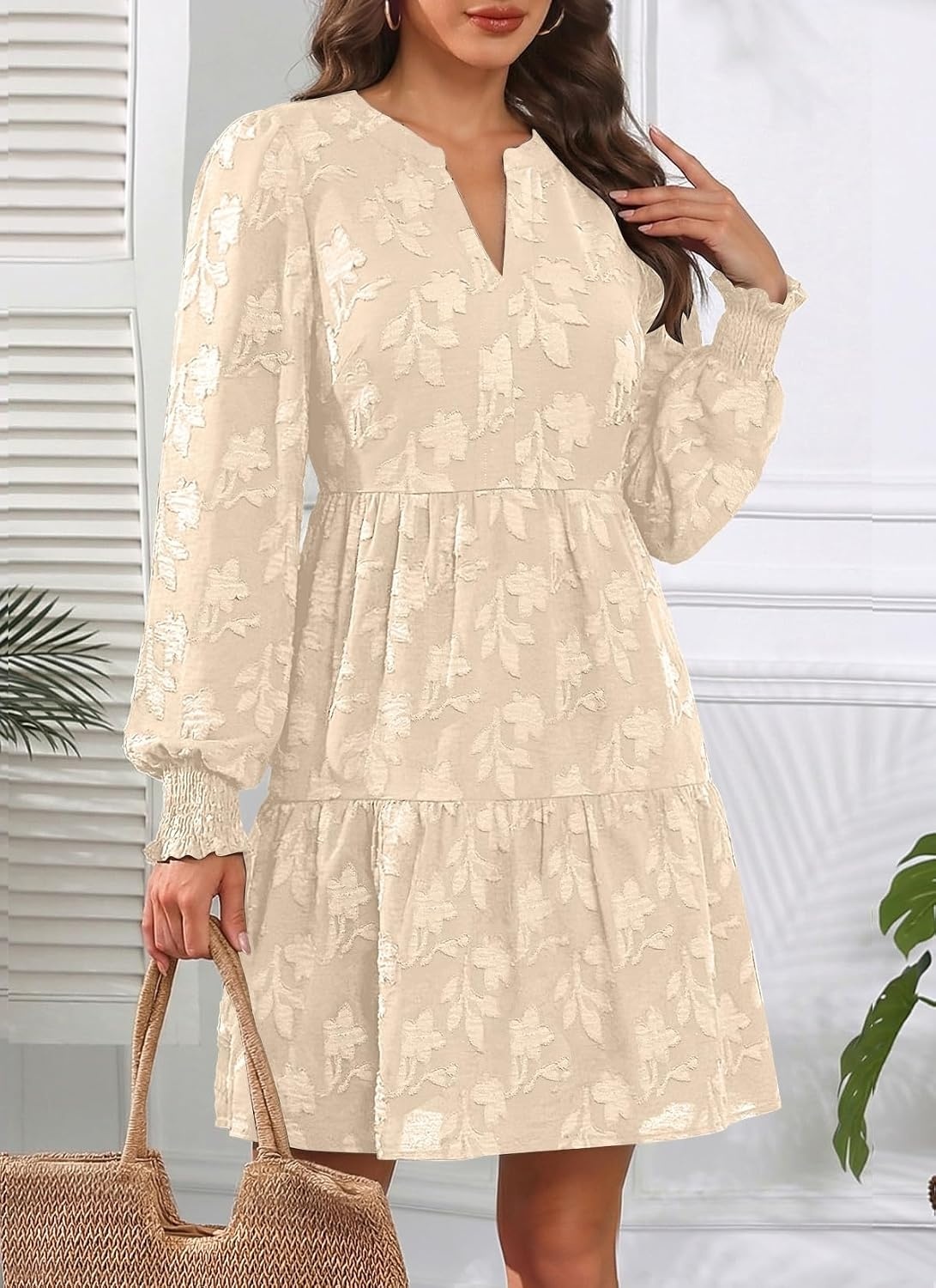 Womens V Neck Floral Babydoll Tiered Tunic Dress | V neck / textured floral / tiered babydoll / flowy tunic / fall summer casual dress(Apricot)