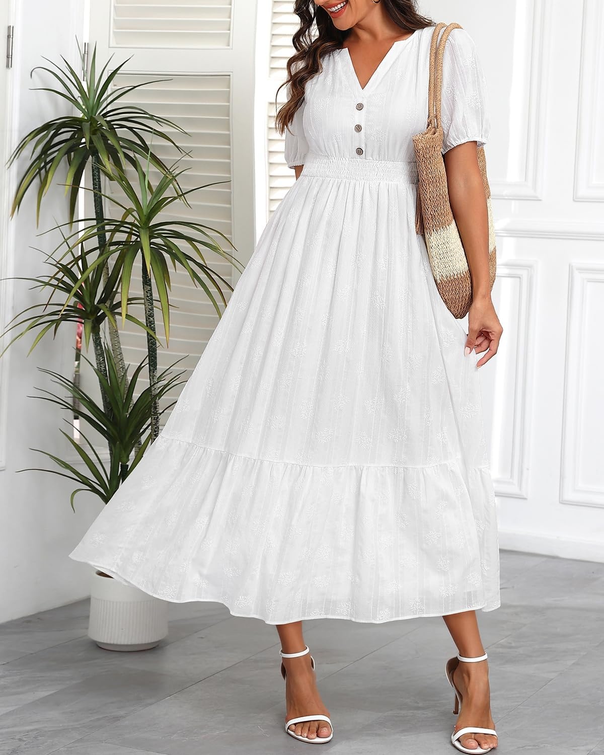 Talisea Womens Summer Maxi Dress – Puff Sleeve V Neck Smocked Tiered Boho Casual A-Line Wedding Guest Long Dress with Pockets(White (Printed))