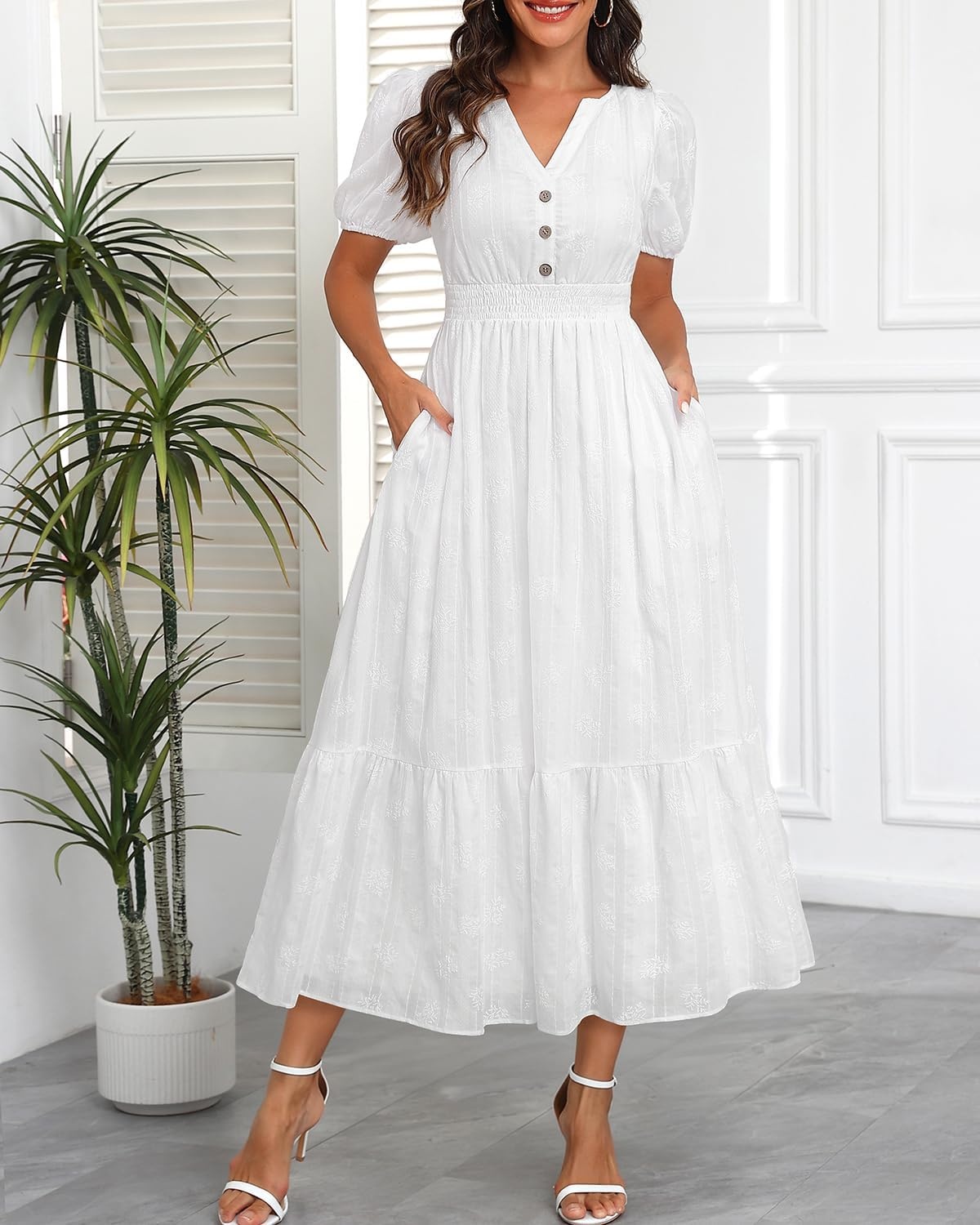 Talisea Womens Summer Maxi Dress – Puff Sleeve V Neck Smocked Tiered Boho Casual A-Line Wedding Guest Long Dress with Pockets(White (Printed))