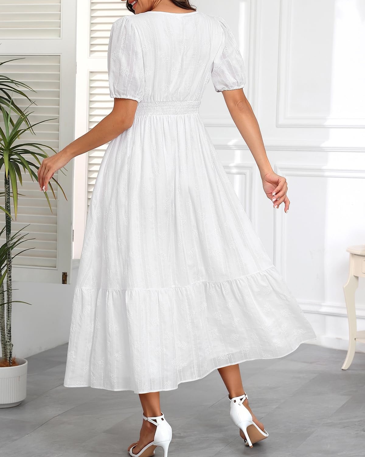 Talisea Womens Summer Maxi Dress – Puff Sleeve V Neck Smocked Tiered Boho Casual A-Line Wedding Guest Long Dress with Pockets(White (Printed))