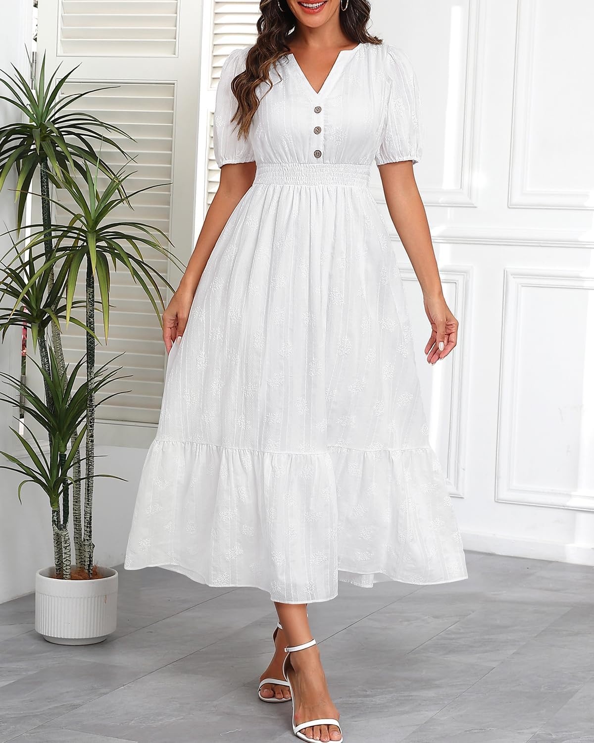 Talisea Womens Summer Maxi Dress – Puff Sleeve V Neck Smocked Tiered Boho Casual A-Line Wedding Guest Long Dress with Pockets(White (Printed))