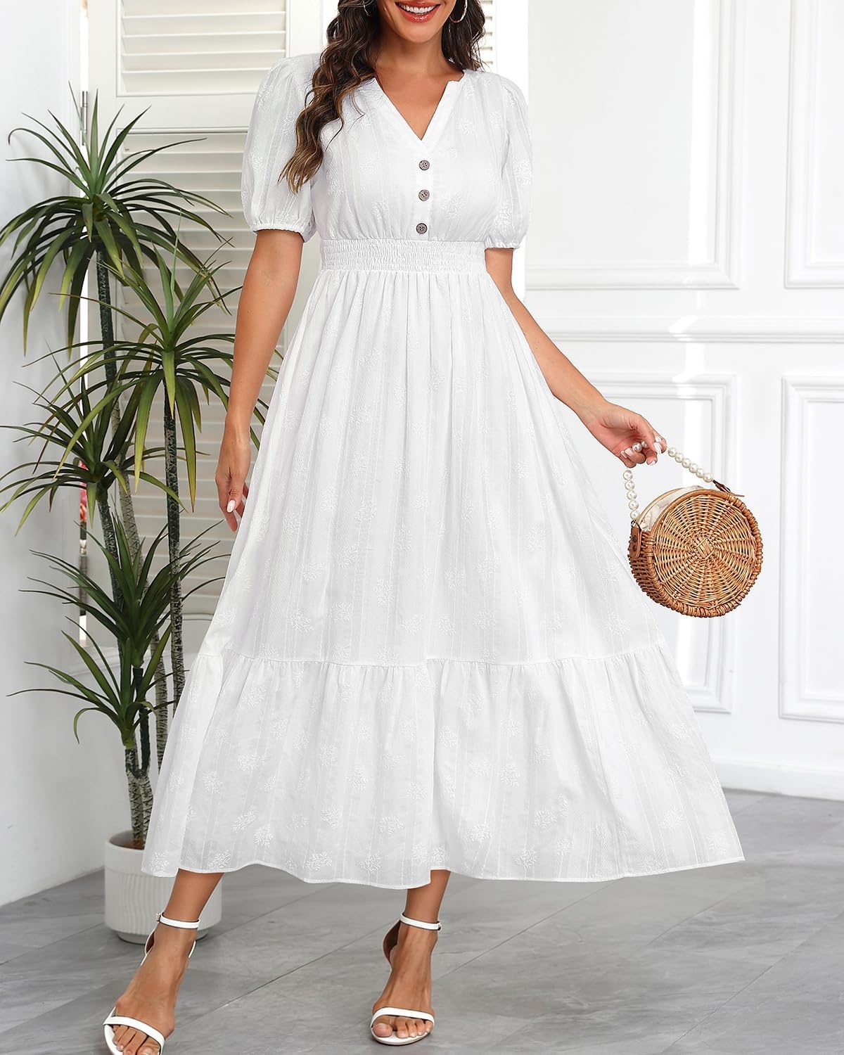Talisea Womens Summer Maxi Dress – Puff Sleeve V Neck Smocked Tiered Boho Casual A-Line Wedding Guest Long Dress with Pockets(White (Printed))
