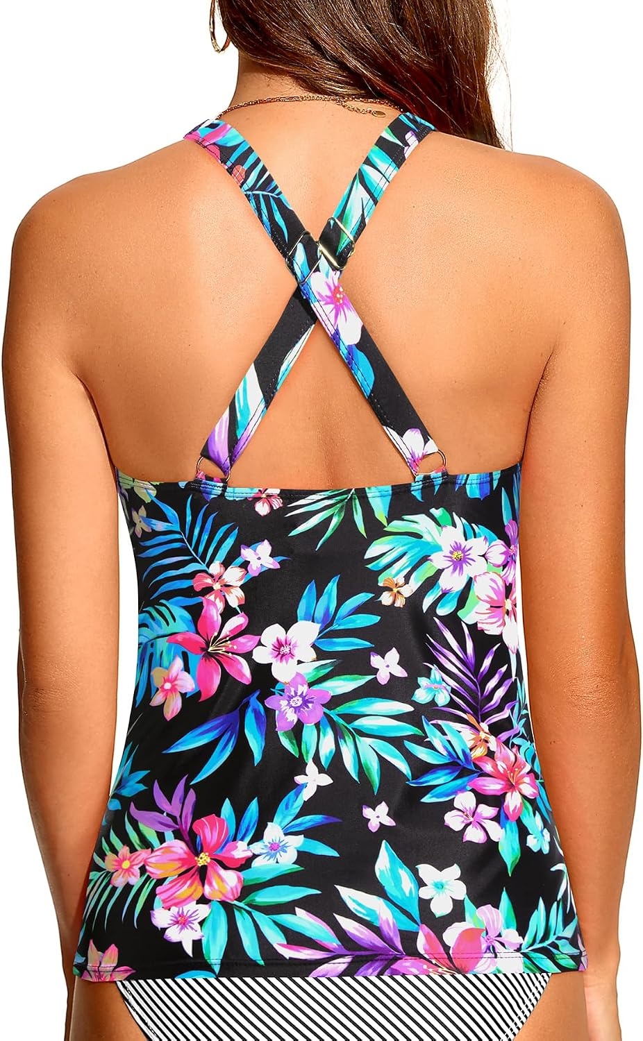 Tummy Control Tankini Top Only – Women Twist V Neck Swim Tops Criss Cross Swimsuit Bathing Suit Top 2025(Colorful Floral)