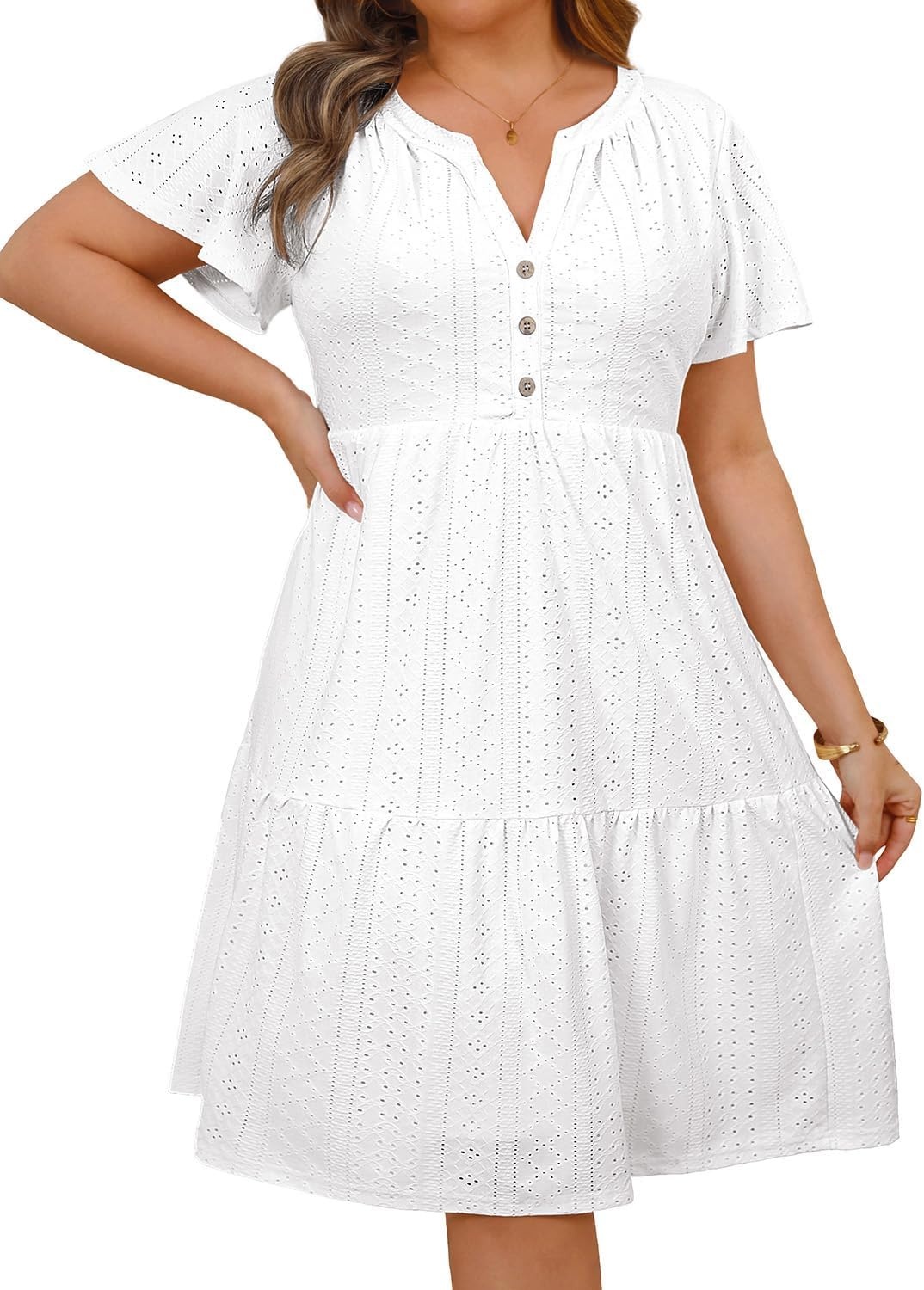 Plus Size Summer Dress – Casual Sundress Beach Short Sleeve V Neck Tiered Button Up Boho Midi Flowy Sun Dresses Women(White Eyelet)