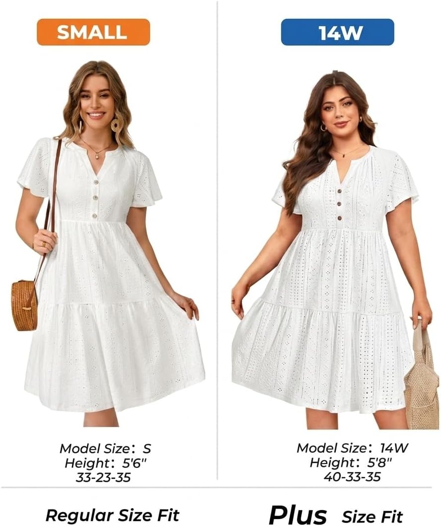 Plus Size Summer Dress – Casual Sundress Beach Short Sleeve V Neck Tiered Button Up Boho Midi Flowy Sun Dresses Women(White Eyelet)