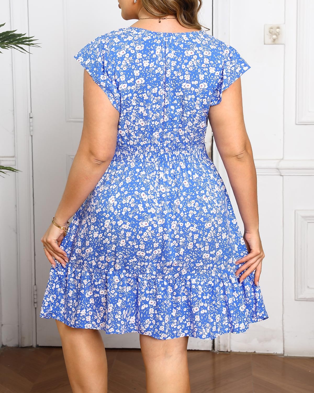 Talisea Womens Plus Size V Neck Ruffle Sleeve Flowy Summer Dress | V neckline / ruffle sleeves / tiered A-line hem / smocked waist / functional pockets / flowy short silhouette(Blue Floral)