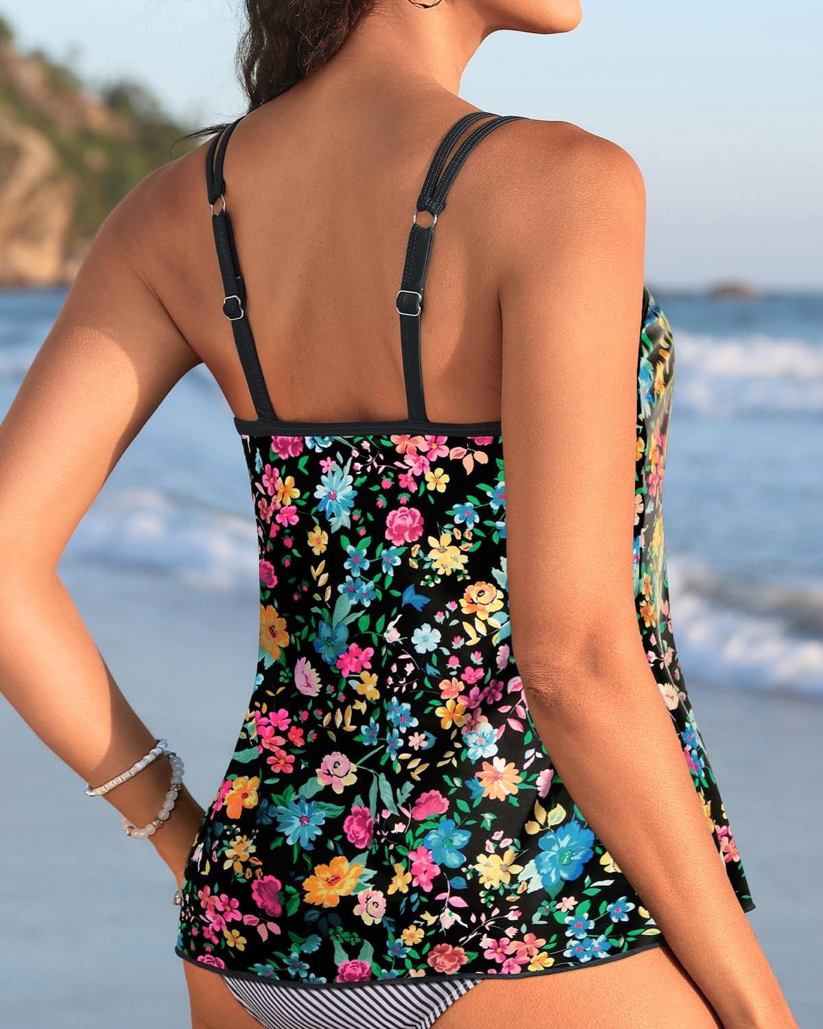 Womens Flowy Tankini Tops Only – Modest Bathing Suit Swim Tops No Bottom | Flowy design provides a relaxed fit. Adjustable straps offers a customizable fit. Removable Pads and fully lined for comfort(Colorful Floral-2)