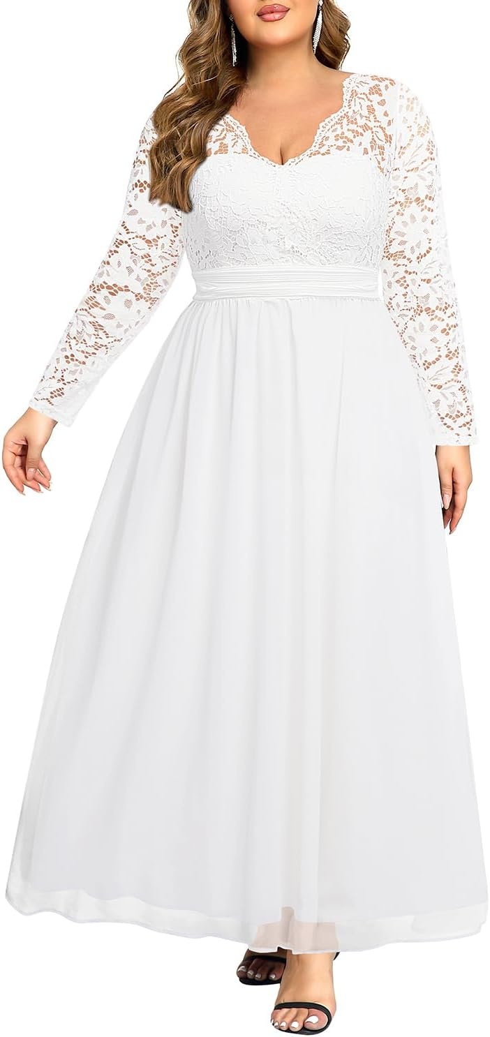 Talisea Plus Size Formal Wedding Dresses – Gowns Evening Prom Elegant V Neck Long Sleeve Lace Chiffon Long Maxi Dress(White)