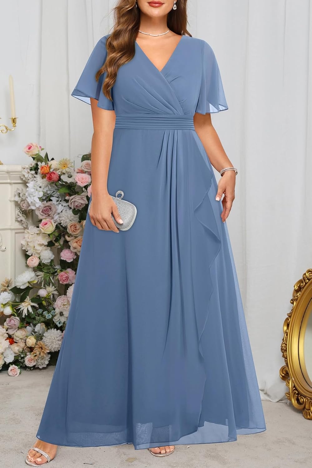 Talisea Plus Size Formal Dresses – Wedding Guest Bridesmaid Evening Prom Chiffon V Neck Ruffle Short Sleeves Long Dress Women(Grey Blue)