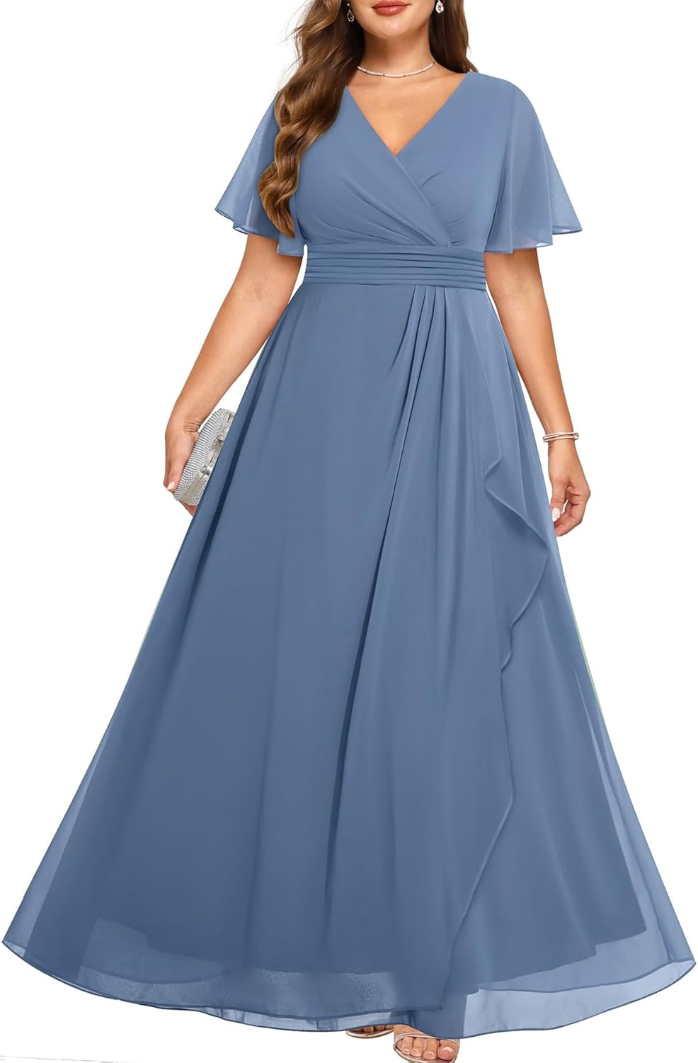 Talisea Plus Size Formal Dresses – Wedding Guest Bridesmaid Evening Prom Chiffon V Neck Ruffle Short Sleeves Long Dress Women(Grey Blue)