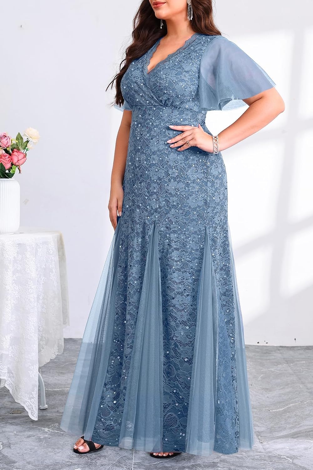 Plus Size Formal Dress Sequin Lace Mermaid Wedding Guest Maxi Gown(Blue)