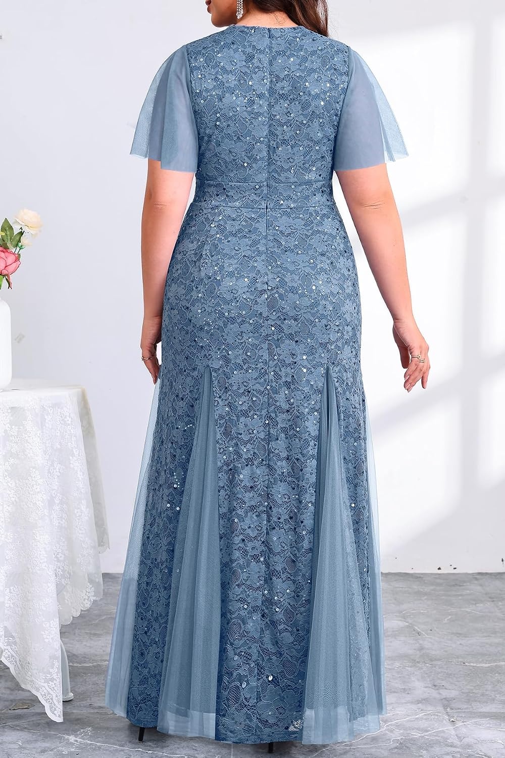 Plus Size Formal Dress Sequin Lace Mermaid Wedding Guest Maxi Gown(Blue)