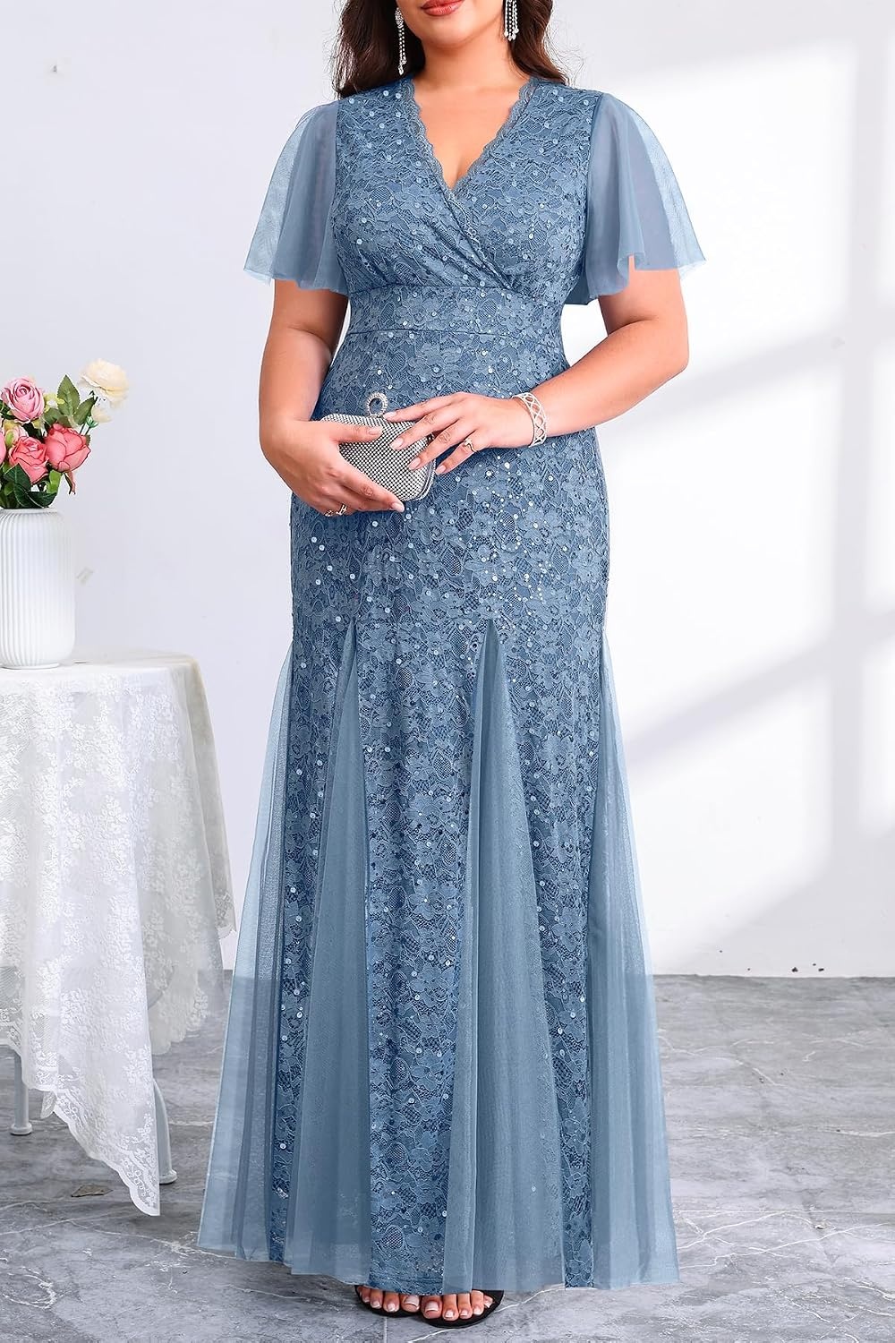 Plus Size Formal Dress Sequin Lace Mermaid Wedding Guest Maxi Gown(Blue)