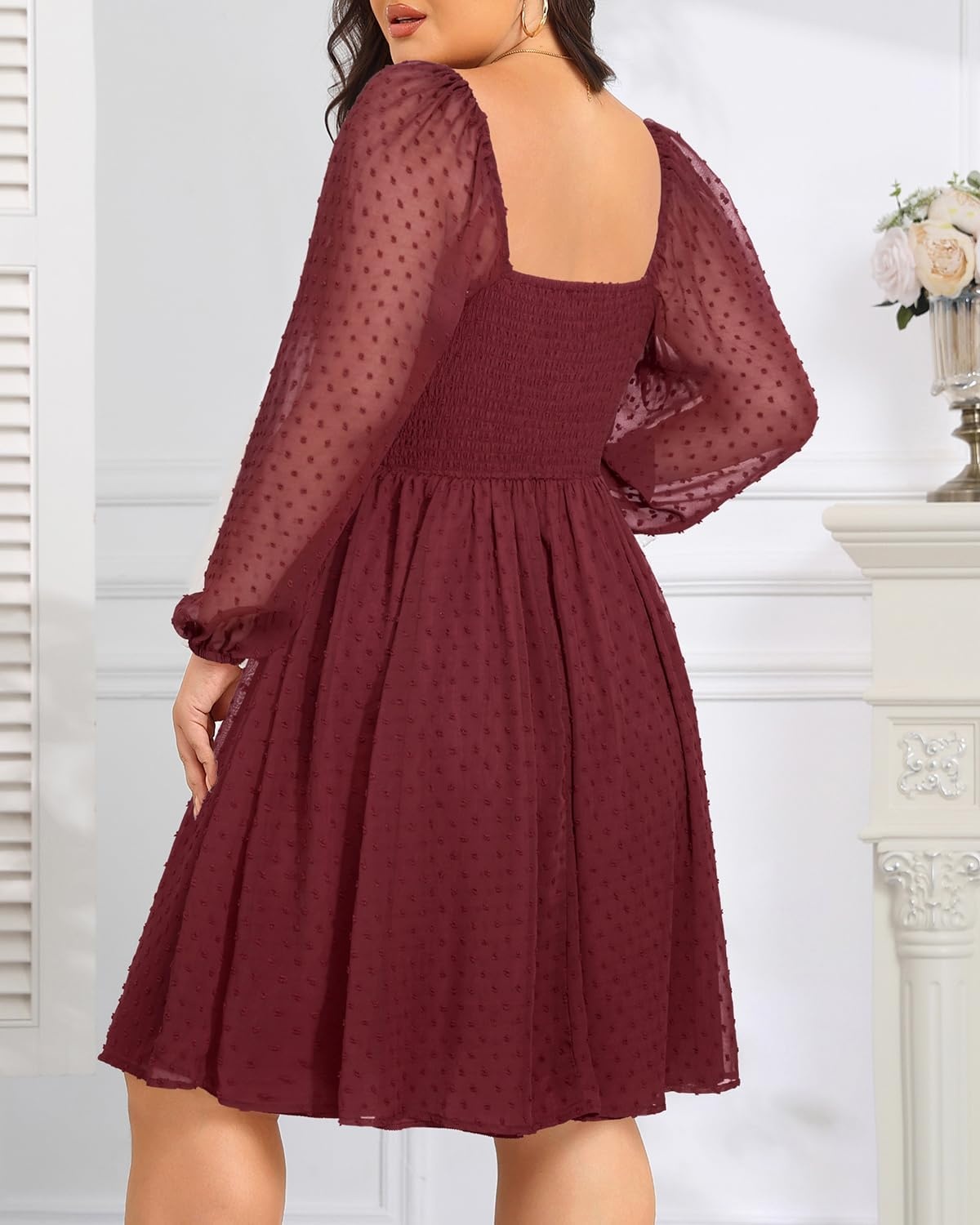 Plus Size Wedding Guest Dress Chiffon Sweetheart A Line Midi Dresses Women | Plus Size Cocktail Wedding Guest Dress Women Fall Semi Formal Dresses for Special Occasions Flowy Chiffon A Line Midi Dress(Burgundy Long Sleeve)