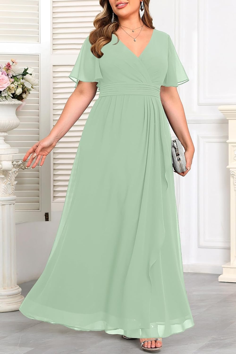 Plus Size Formal Dress Wedding Guest Chiffon V Neck Ruffle Long Dress Women | Women Plus Size Formal Evening Dress Chiffon Wedding Guest Long Dresses Short Sleeves Bridesmaid Dress Elegant Prom Gown(Sage Green)