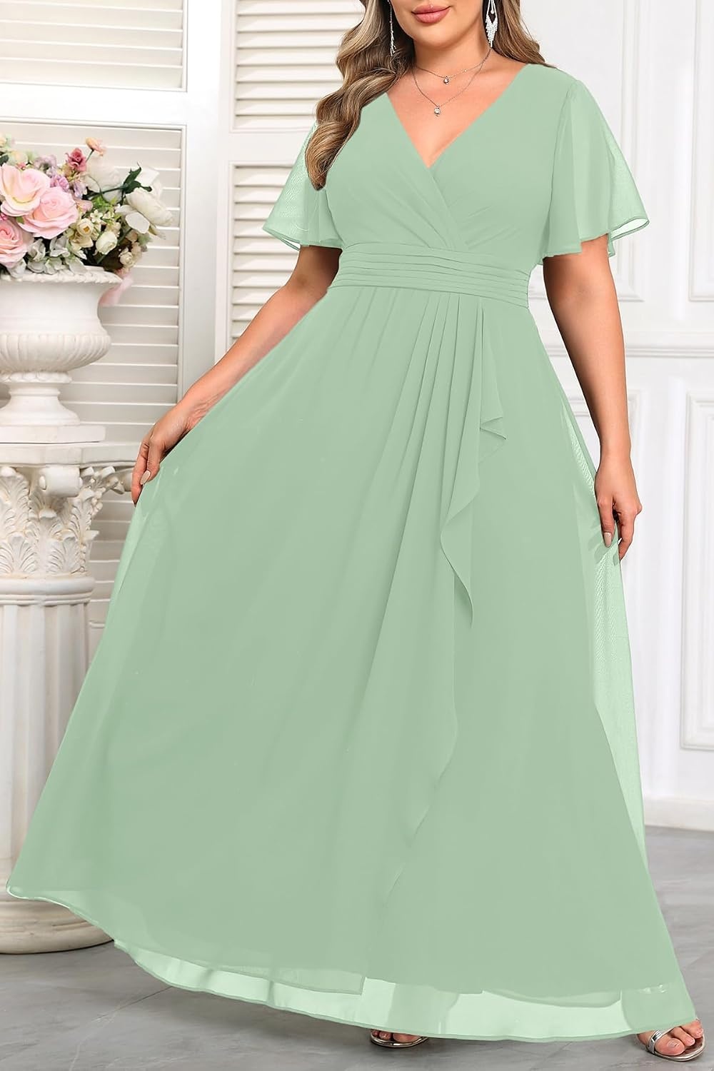 Plus Size Formal Dress Wedding Guest Chiffon V Neck Ruffle Long Dress Women | Women Plus Size Formal Evening Dress Chiffon Wedding Guest Long Dresses Short Sleeves Bridesmaid Dress Elegant Prom Gown(Sage Green)