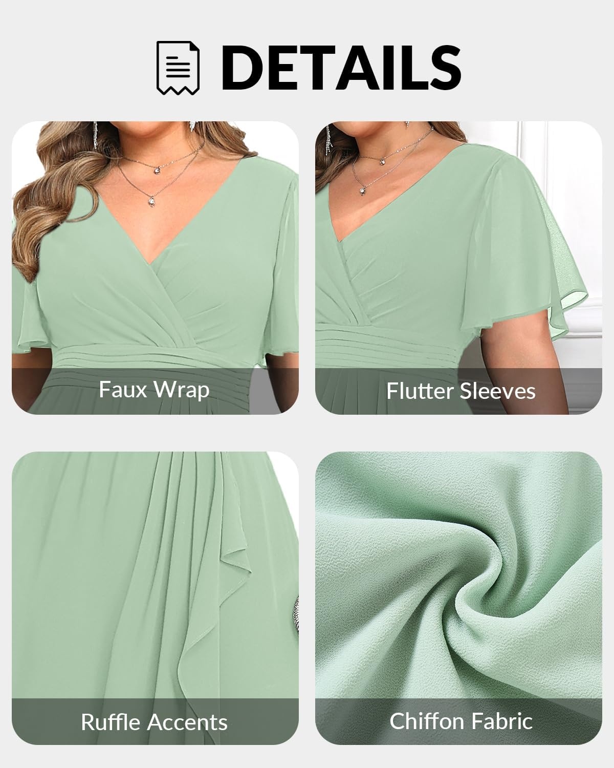 Plus Size Formal Dress Wedding Guest Chiffon V Neck Ruffle Long Dress Women | Women Plus Size Formal Evening Dress Chiffon Wedding Guest Long Dresses Short Sleeves Bridesmaid Dress Elegant Prom Gown(Sage Green)