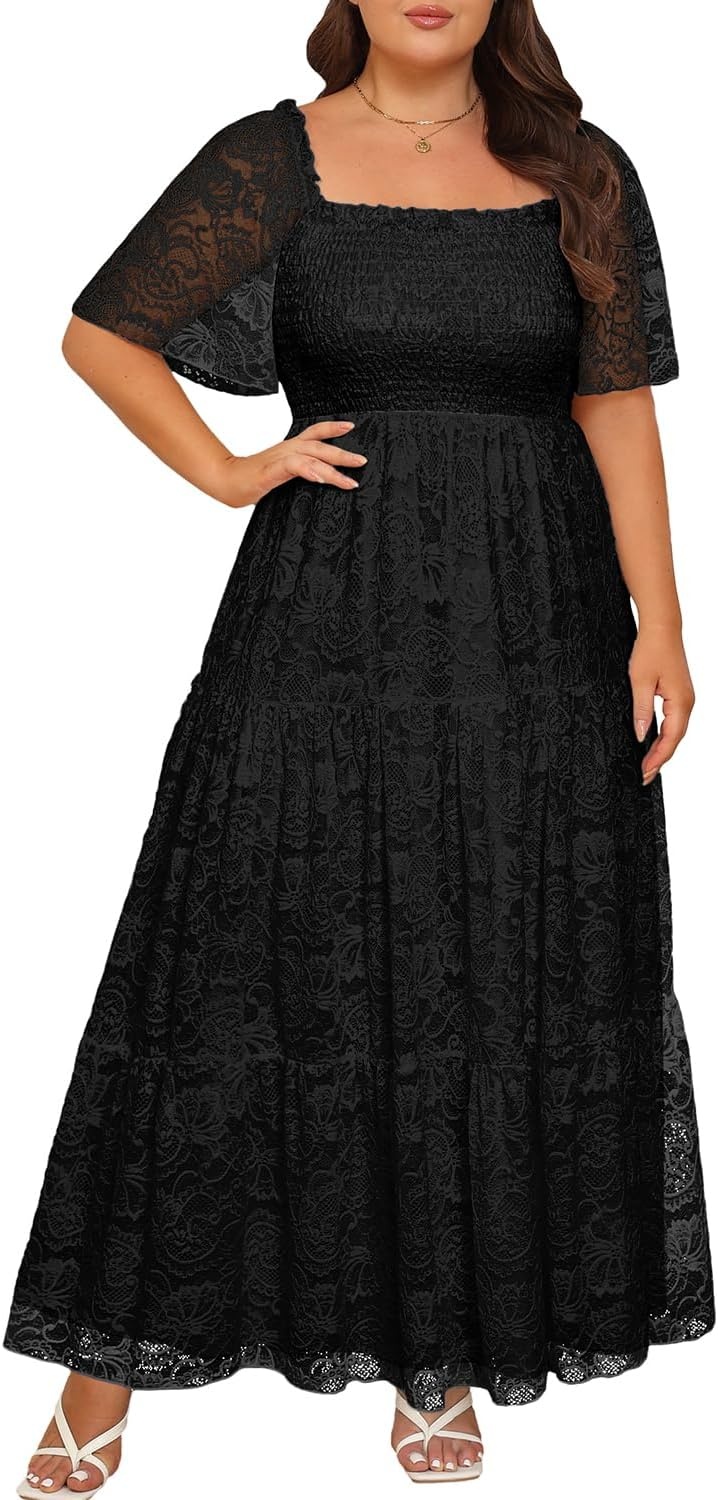 Plus Size Wedding Dress Bride Boho Lace Square Neck Long Maxi Dresses | Square Neck Ruffle Sleeves Lace Dresses for Curvy Women Photoshoot Smocked Tiered Flowy Wedding Guest Bridesmaid Dress(Black)