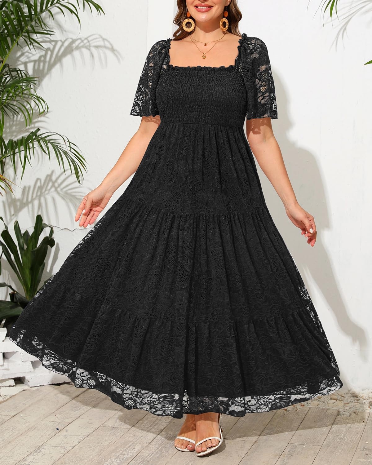 Plus Size Wedding Dress Bride Boho Lace Square Neck Long Maxi Dresses | Square Neck Ruffle Sleeves Lace Dresses for Curvy Women Photoshoot Smocked Tiered Flowy Wedding Guest Bridesmaid Dress(Black)