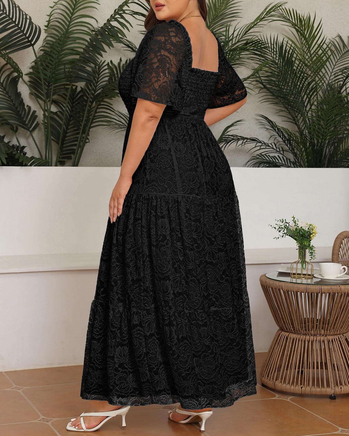 Plus Size Wedding Dress Bride Boho Lace Square Neck Long Maxi Dresses | Square Neck Ruffle Sleeves Lace Dresses for Curvy Women Photoshoot Smocked Tiered Flowy Wedding Guest Bridesmaid Dress(Black)