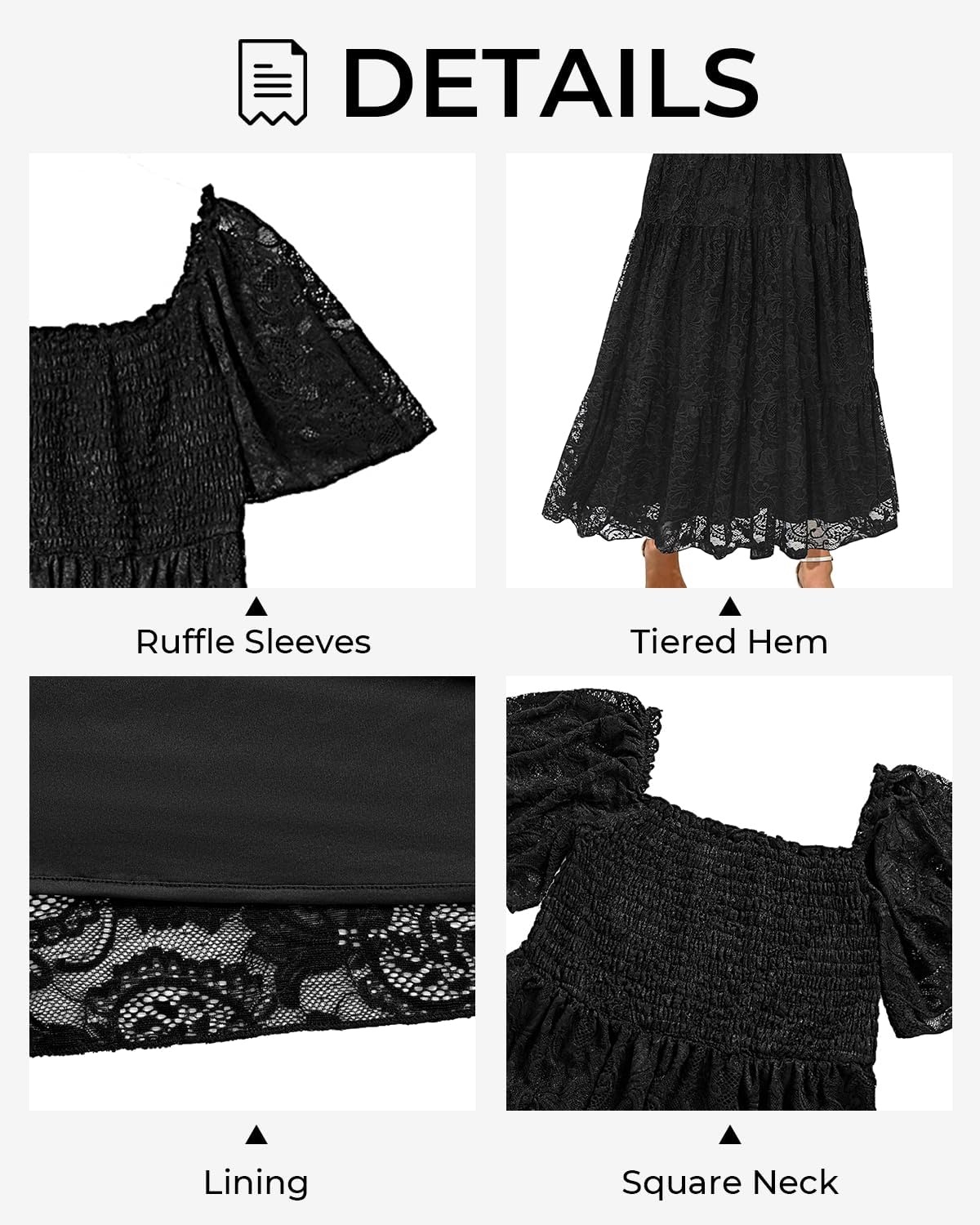 Plus Size Wedding Dress Bride Boho Lace Square Neck Long Maxi Dresses | Square Neck Ruffle Sleeves Lace Dresses for Curvy Women Photoshoot Smocked Tiered Flowy Wedding Guest Bridesmaid Dress(Black)