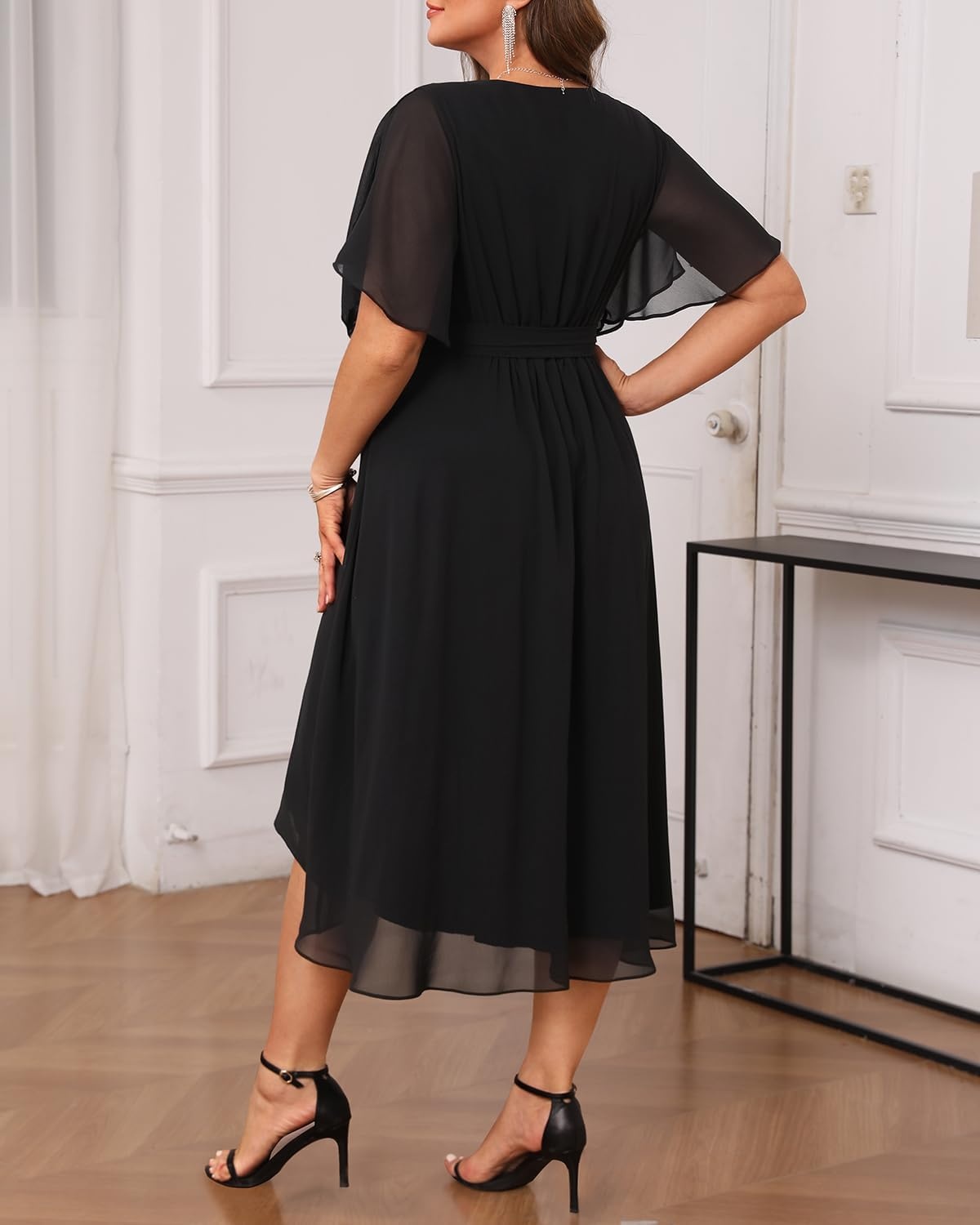 Talisea Plus Size Dresses Wedding Guest – Formal Cocktail Chiffon V Neck Short Sleeve High Low Dress Curvy Women(Black)