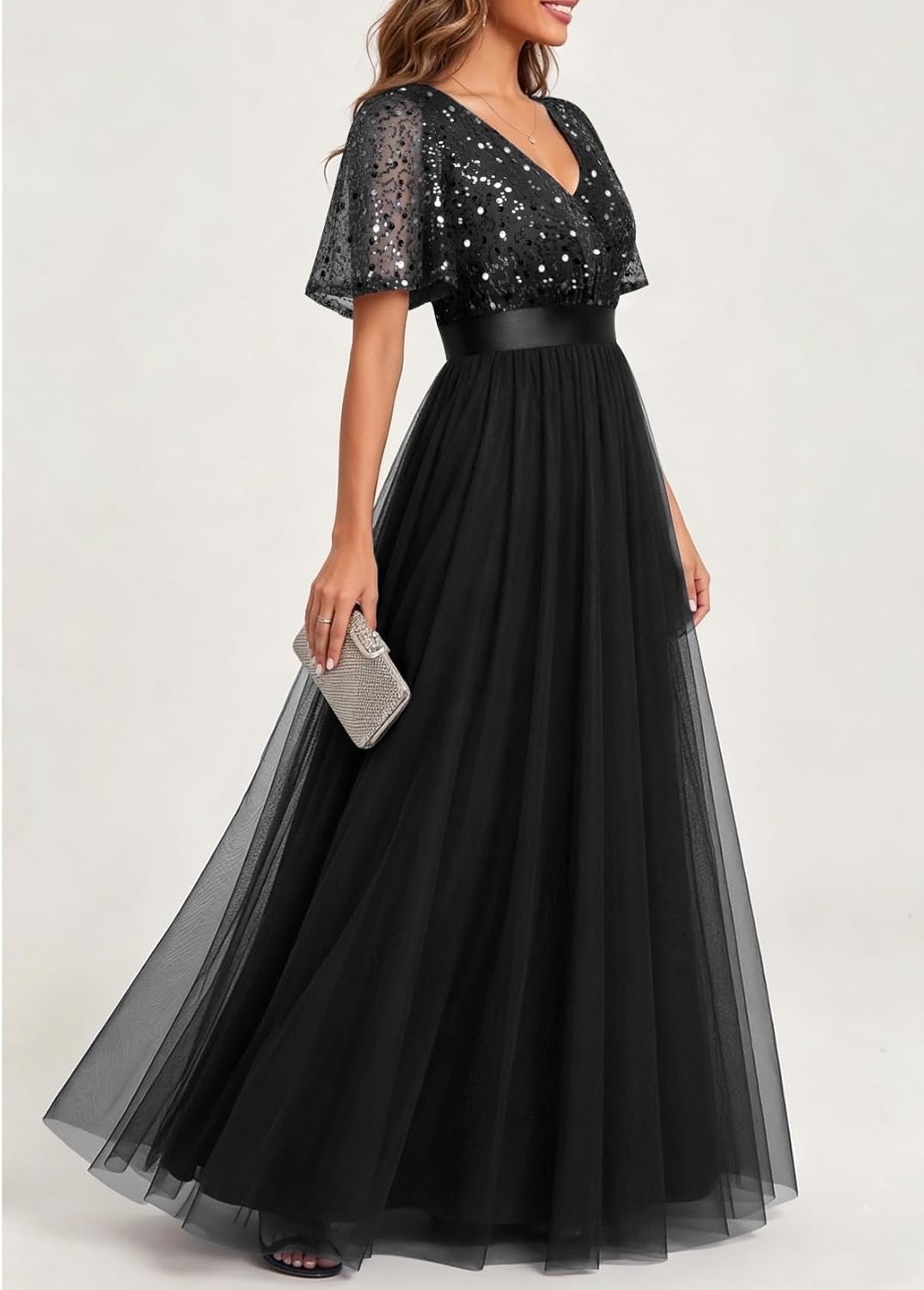 Formal Dresses for Women Prom Evening Gown Sequin Tulle V Neck Ruffle Short Sleeve Empire Waist A Line Long Dress(Black)