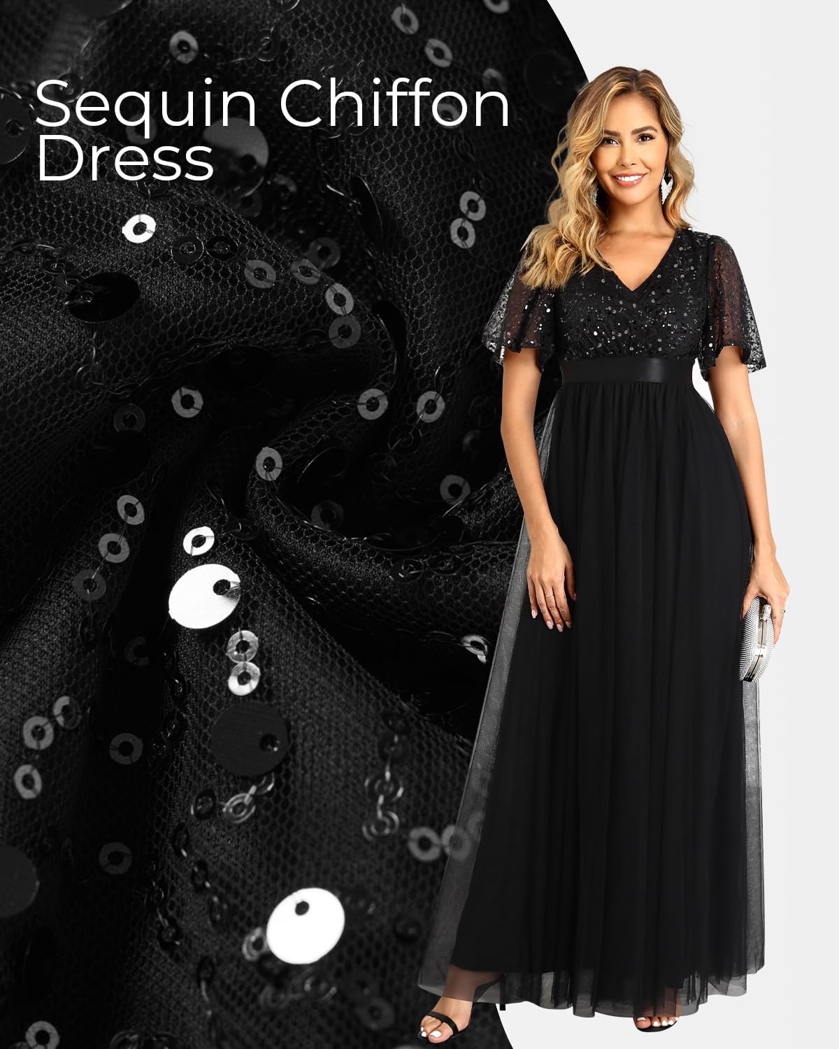 Formal Dresses for Women Prom Evening Gown Sequin Tulle V Neck Ruffle Short Sleeve Empire Waist A Line Long Dress(Black)