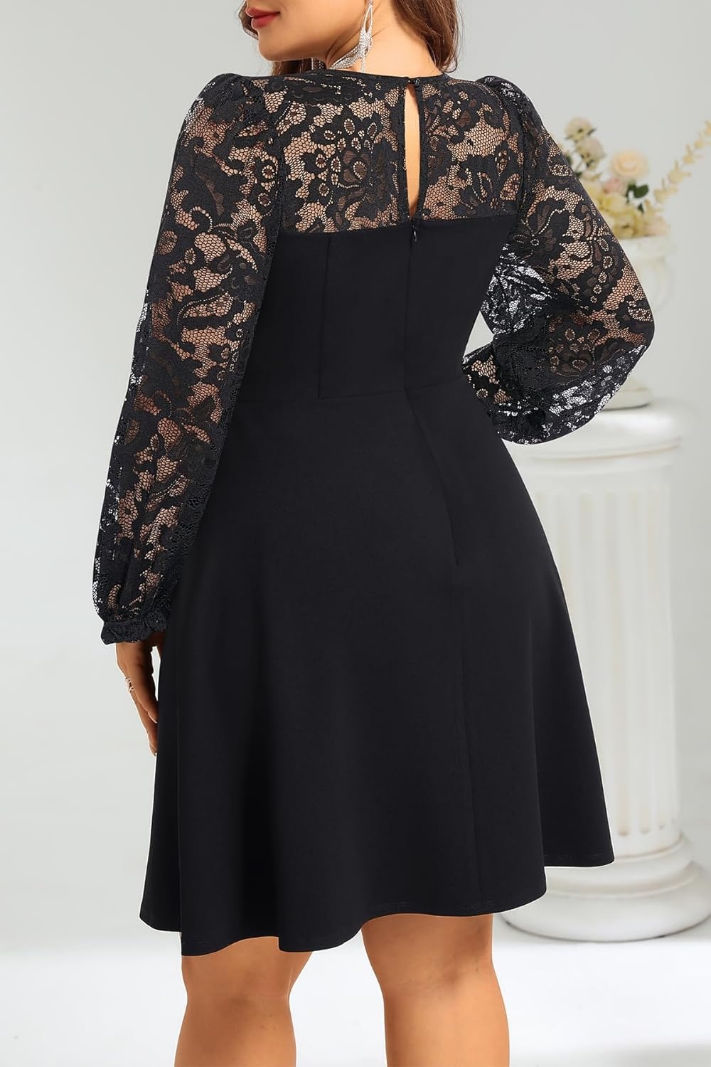Plus Size Cocktail Dress – Lace Wedding Guest Party Crew Neck Short A Line Dresses Women(Long Sleeve Black)