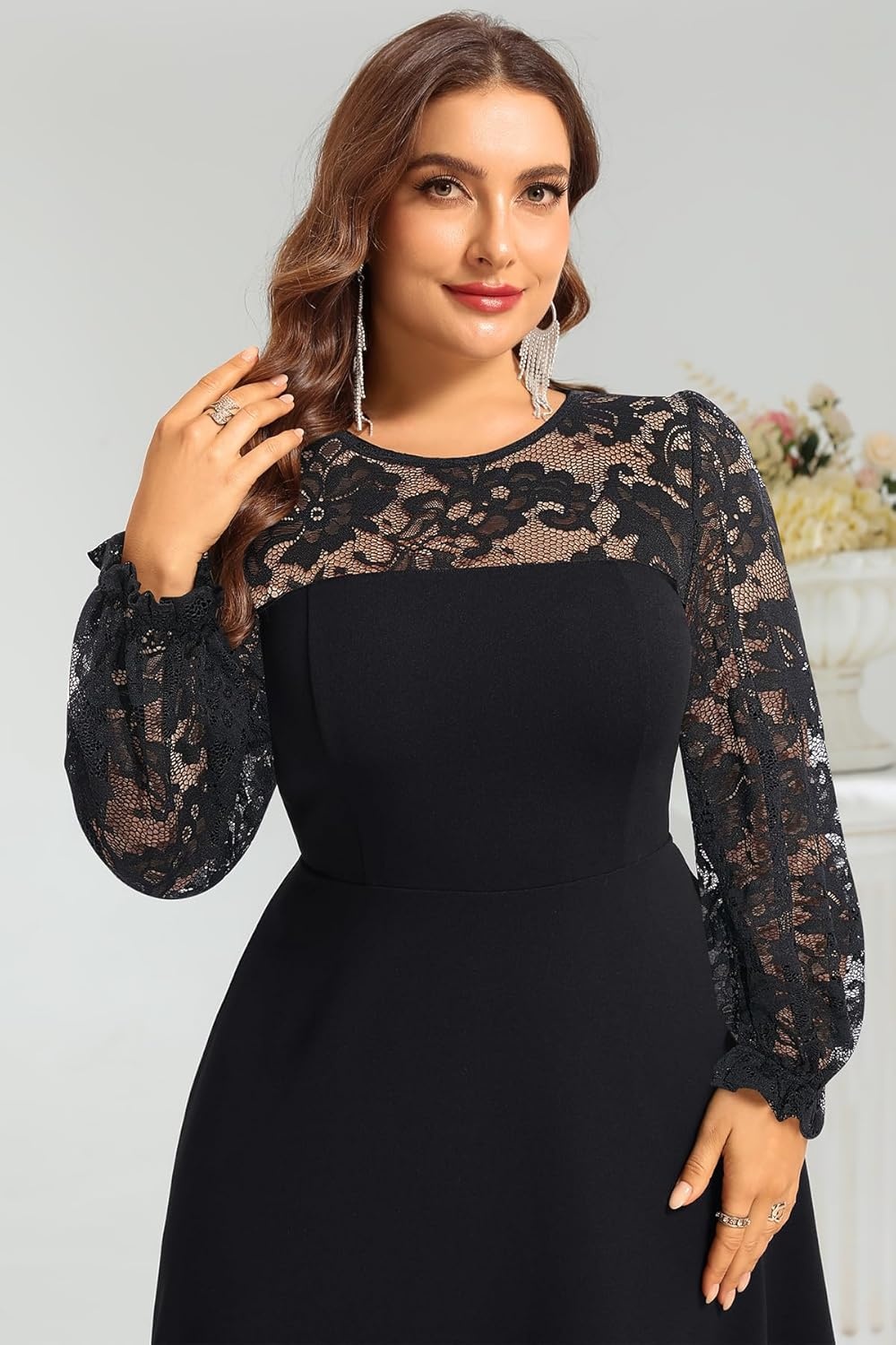 Plus Size Cocktail Dress – Lace Wedding Guest Party Crew Neck Short A Line Dresses Women(Long Sleeve Black)