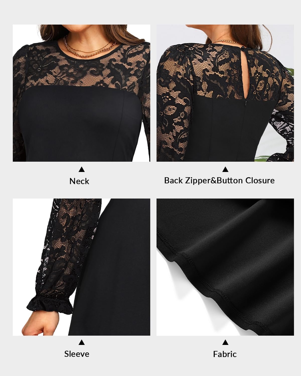 Plus Size Cocktail Dress – Lace Wedding Guest Party Crew Neck Short A Line Dresses Women(Long Sleeve Black)