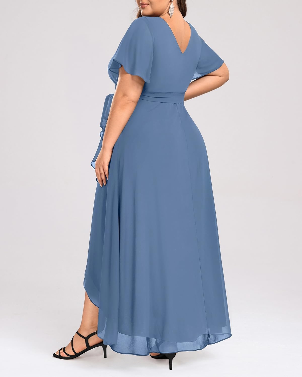 Talisea Plus Size Wedding Guest Dress – High Low Chiffon Ruffle Formal Gown(Dusty Blue)