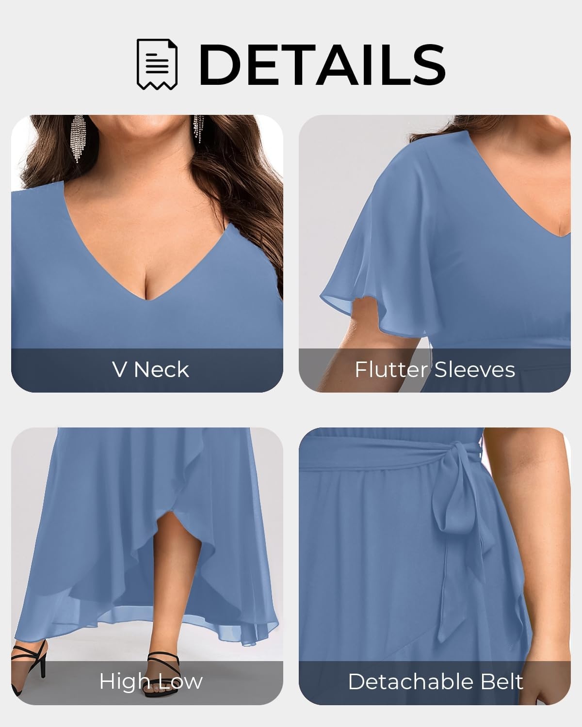 Talisea Plus Size Wedding Guest Dress – High Low Chiffon Ruffle Formal Gown(Dusty Blue)