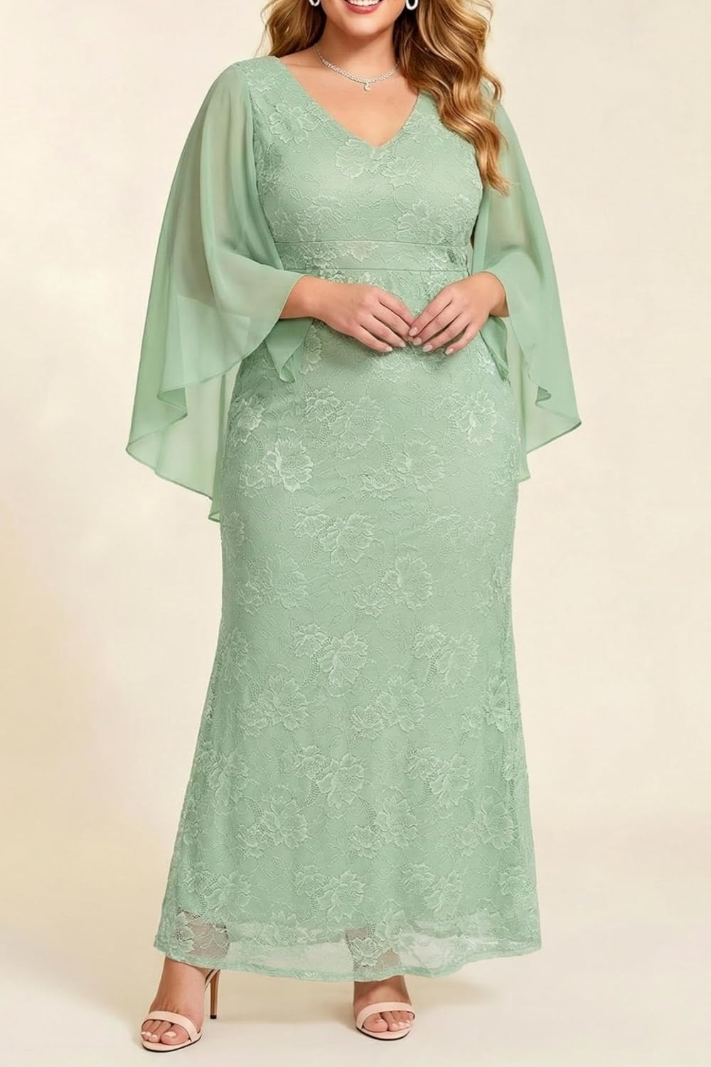 Plus Size Formal Dresses – Chiffon Capelet Ruffle Sleeves V Neck Lace Mermaid Evening Gown Prom Long Maxi Dresses 2025(Sage Green)