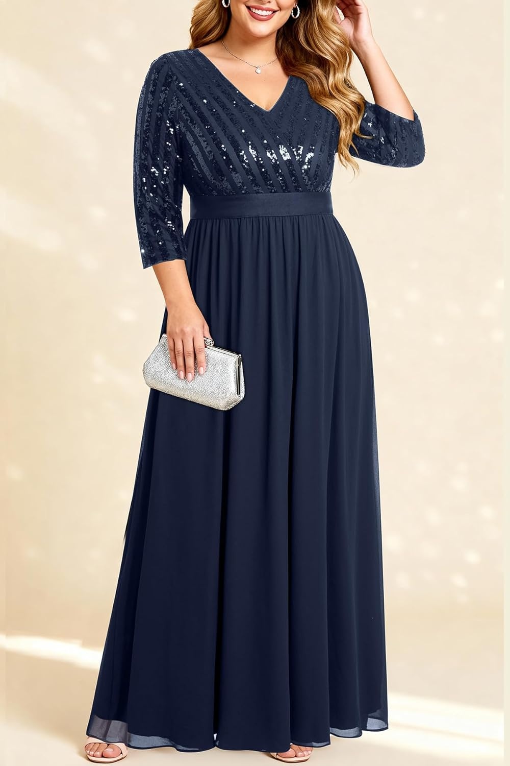 Talisea Womens Plus Size Formal Dresses – V Neck 3/4 Sleeve Sequin Prom Evening Gowns Long Maxi Dress(Navy Blue)