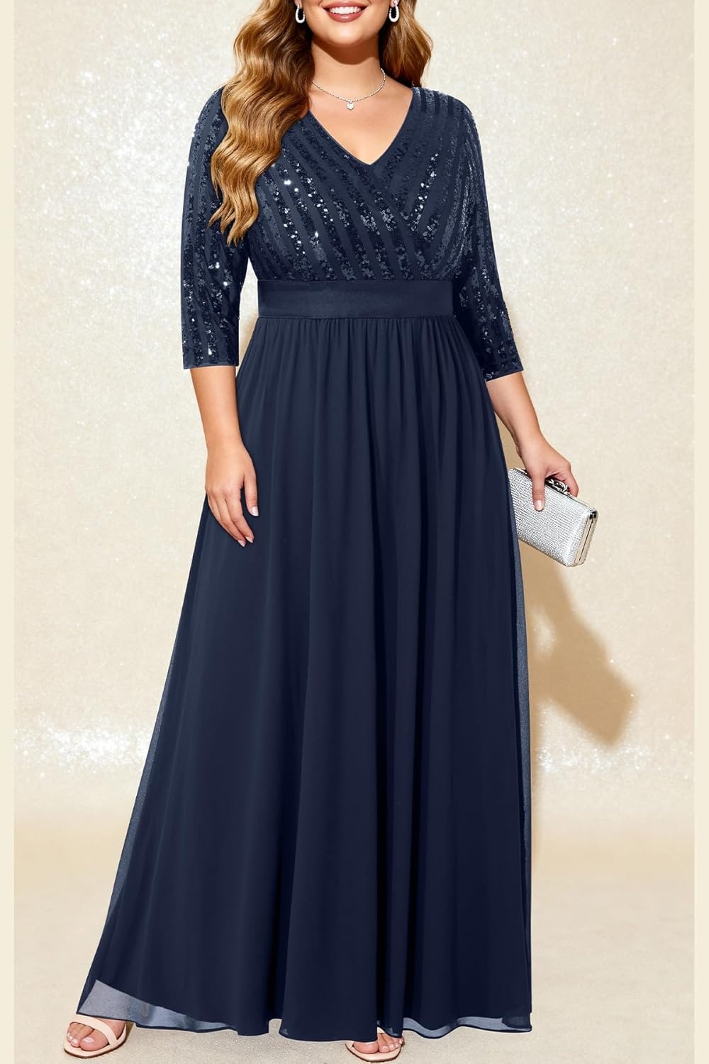 Talisea Womens Plus Size Formal Dresses – V Neck 3/4 Sleeve Sequin Prom Evening Gowns Long Maxi Dress(Navy Blue)
