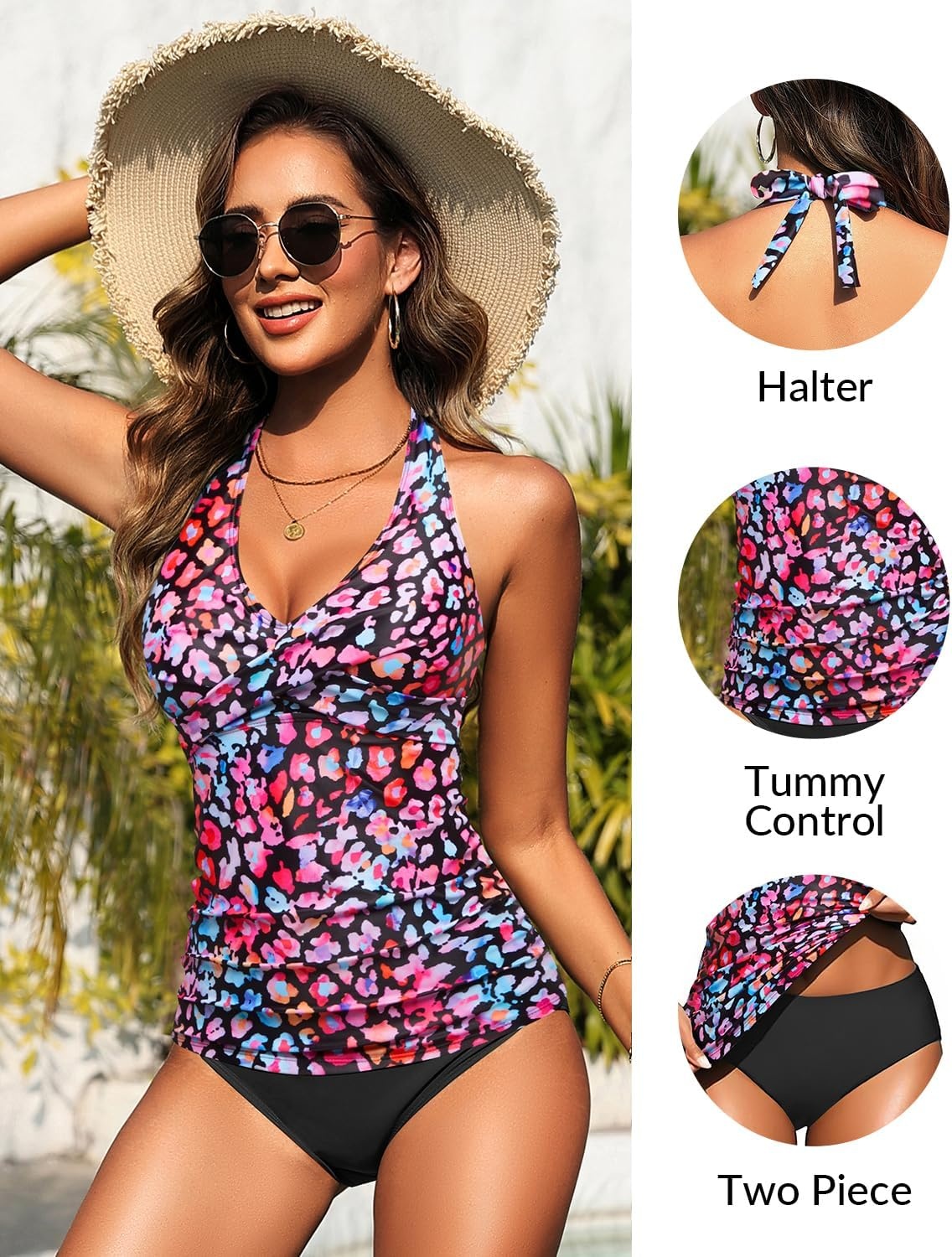 Womens Halter Tankini Swimsuit – Tummy Control Bathing Suit Two Piece Swimsuit V Neck Swimwear 2025(Colorful Leopard)