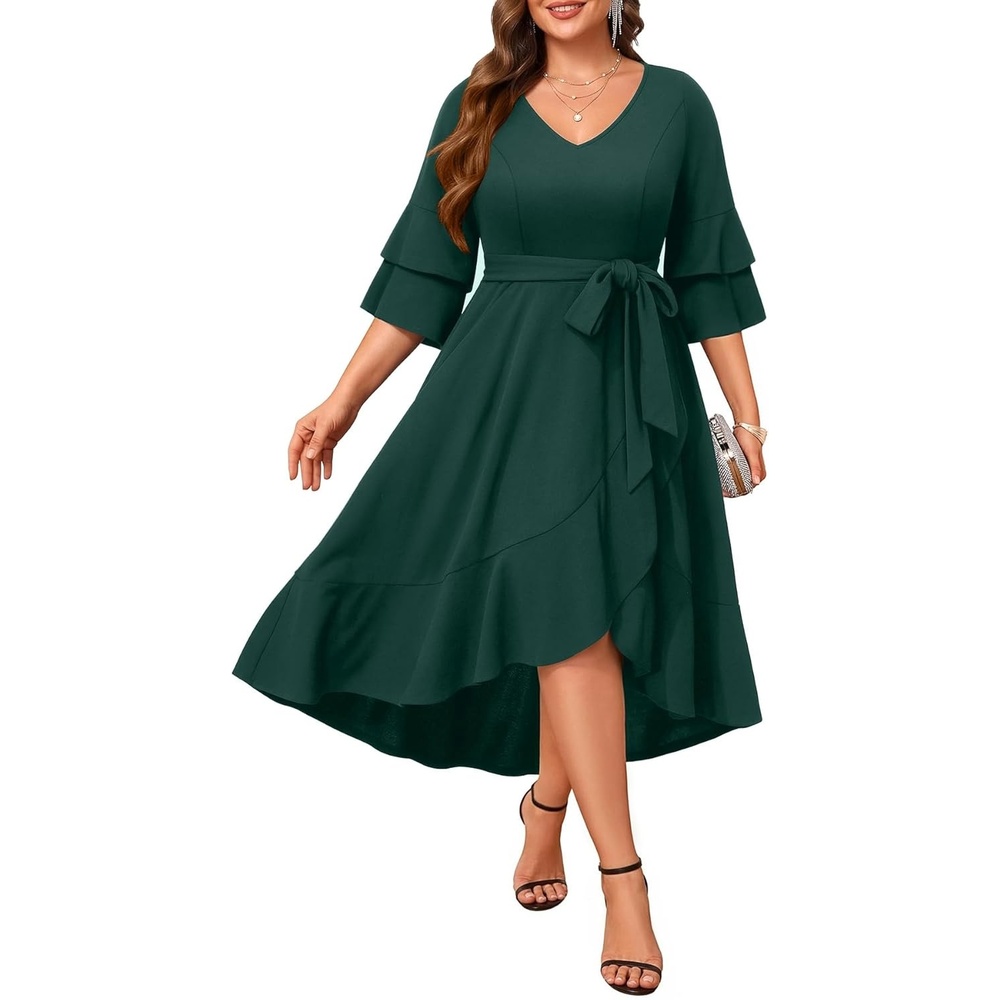 Plus Size Wedding Guest Dress – Semi Formal Double Bell Sleeve V Neck High Low Split Ruffle Cocktail Dresses with Belt(Green)