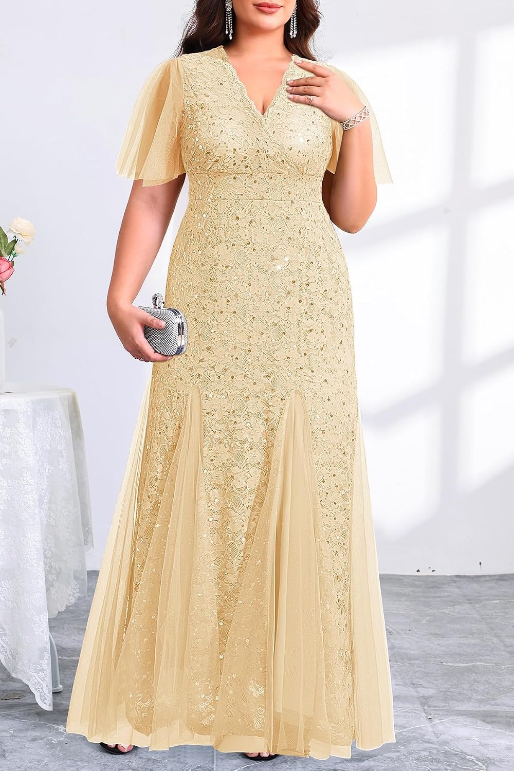Plus Size Formal Dress Sequin Lace Mermaid Wedding Guest Maxi Gown(Gold)