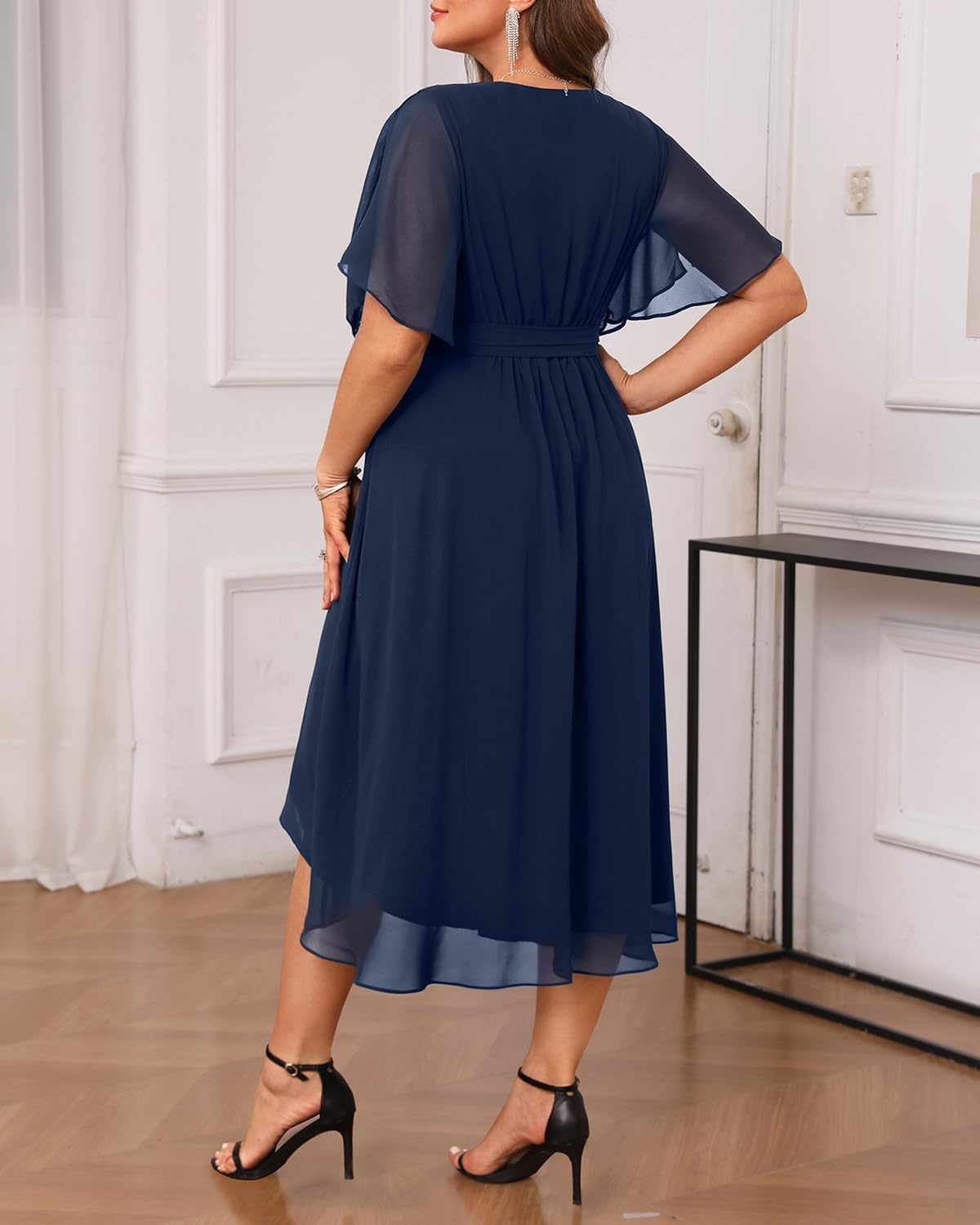 Talisea Plus Size Dresses Wedding Guest – Formal Cocktail Chiffon V Neck Short Sleeve High Low Dress Curvy Women(Navy Blue)