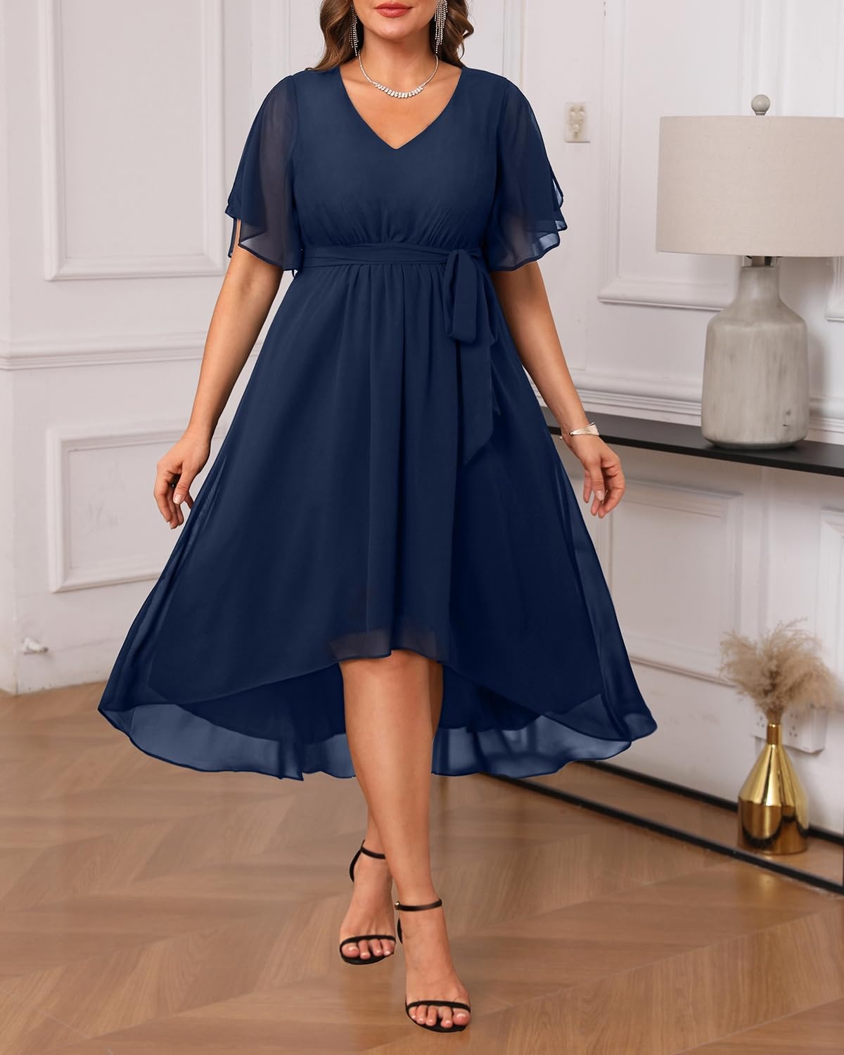 Talisea Plus Size Dresses Wedding Guest – Formal Cocktail Chiffon V Neck Short Sleeve High Low Dress Curvy Women(Navy Blue)