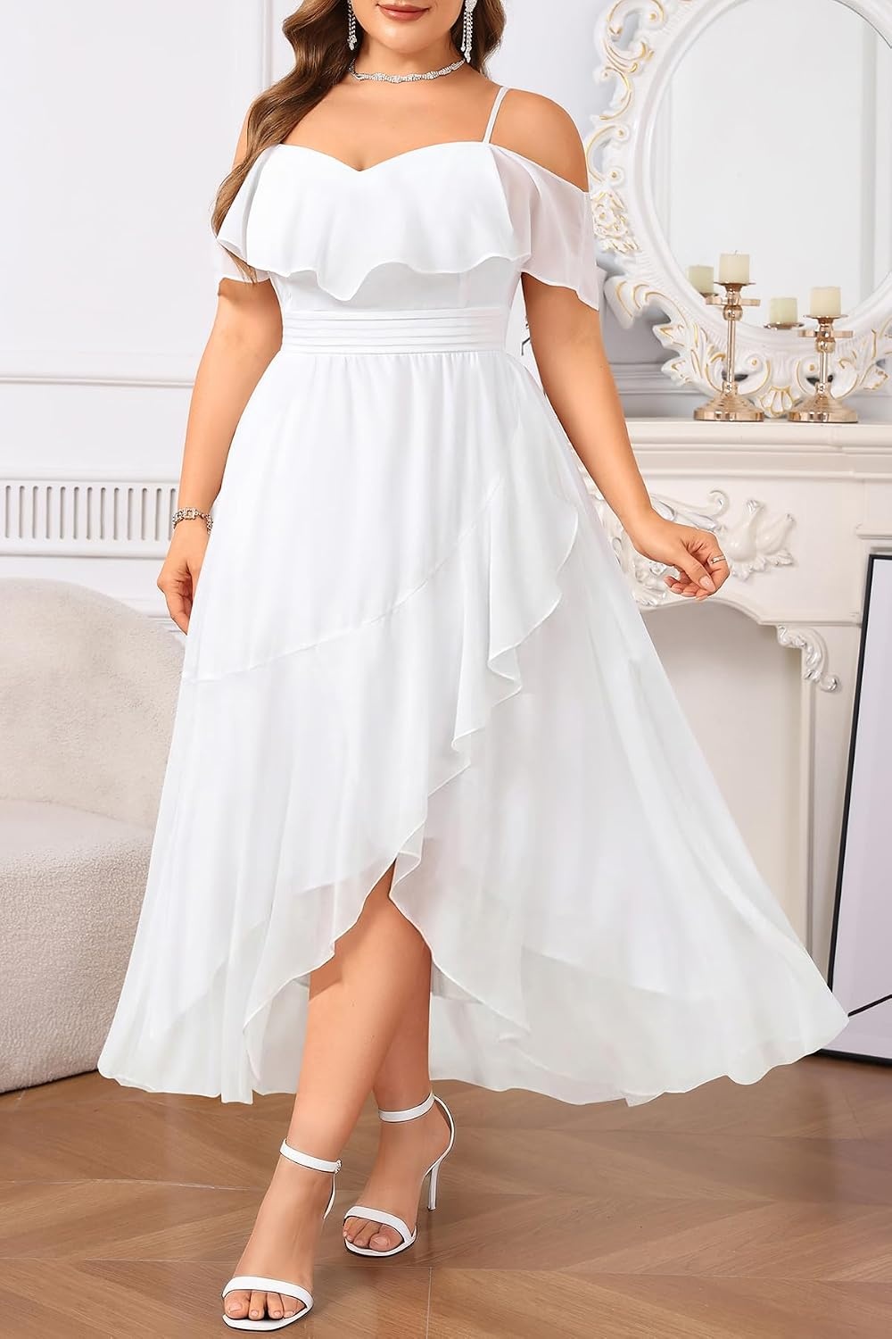 Plus Size Dresses Wedding Guest Formal Off The Shoulder Chiffon Long Dress(White)
