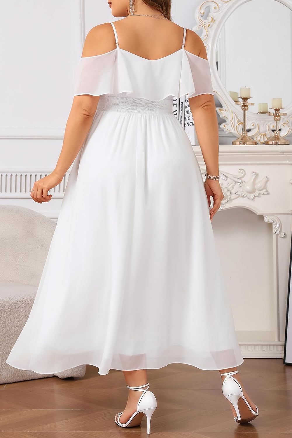 Plus Size Dresses Wedding Guest Formal Off The Shoulder Chiffon Long Dress(White)