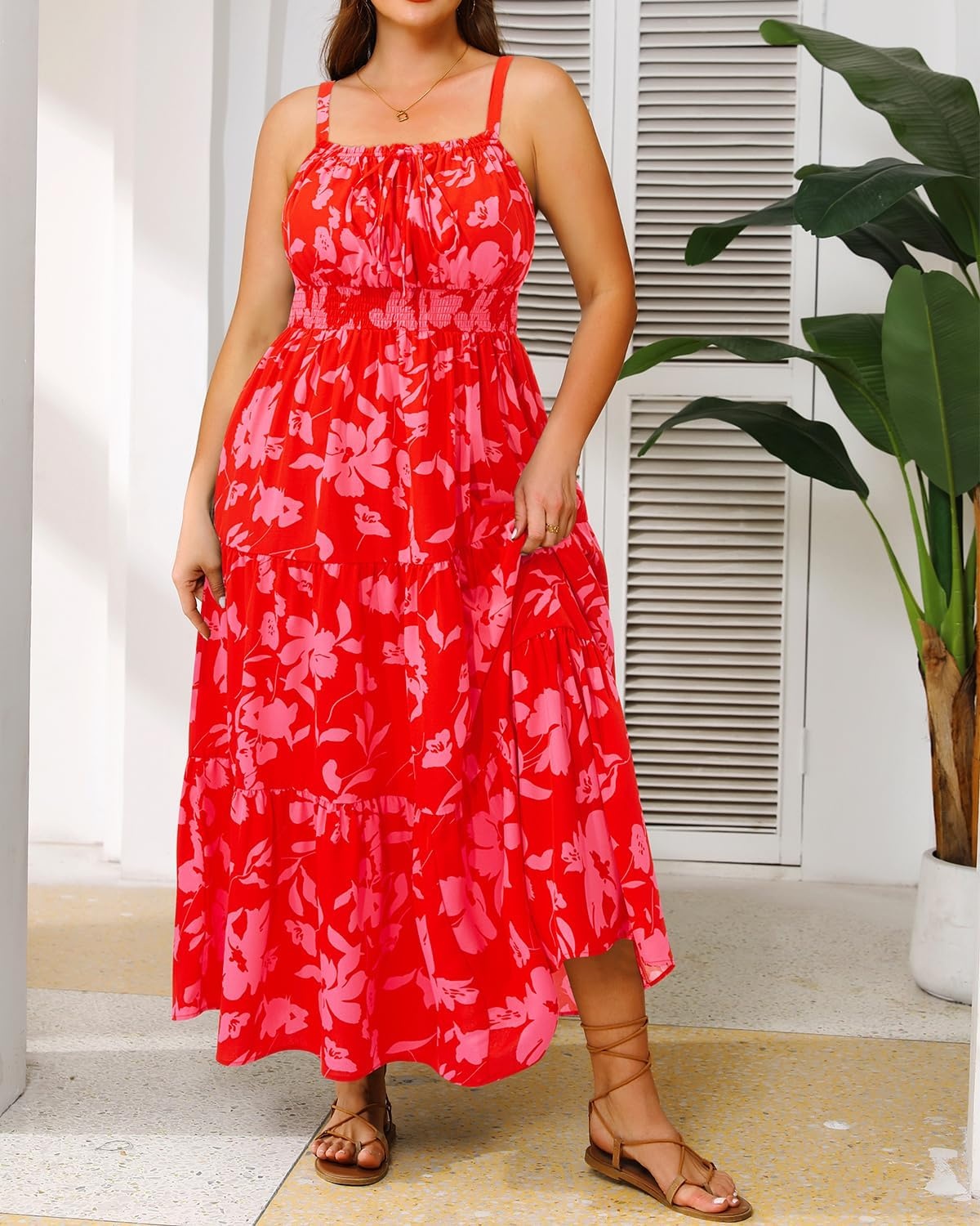 Talisea Plus Size Summer Dress – Boho Spaghetti Strap Maxi Dress Women | Casual boho long maxi sundress with pockets, adjustable spaghetti straps & flowy fit for summer beach vacation.(Red Floral)